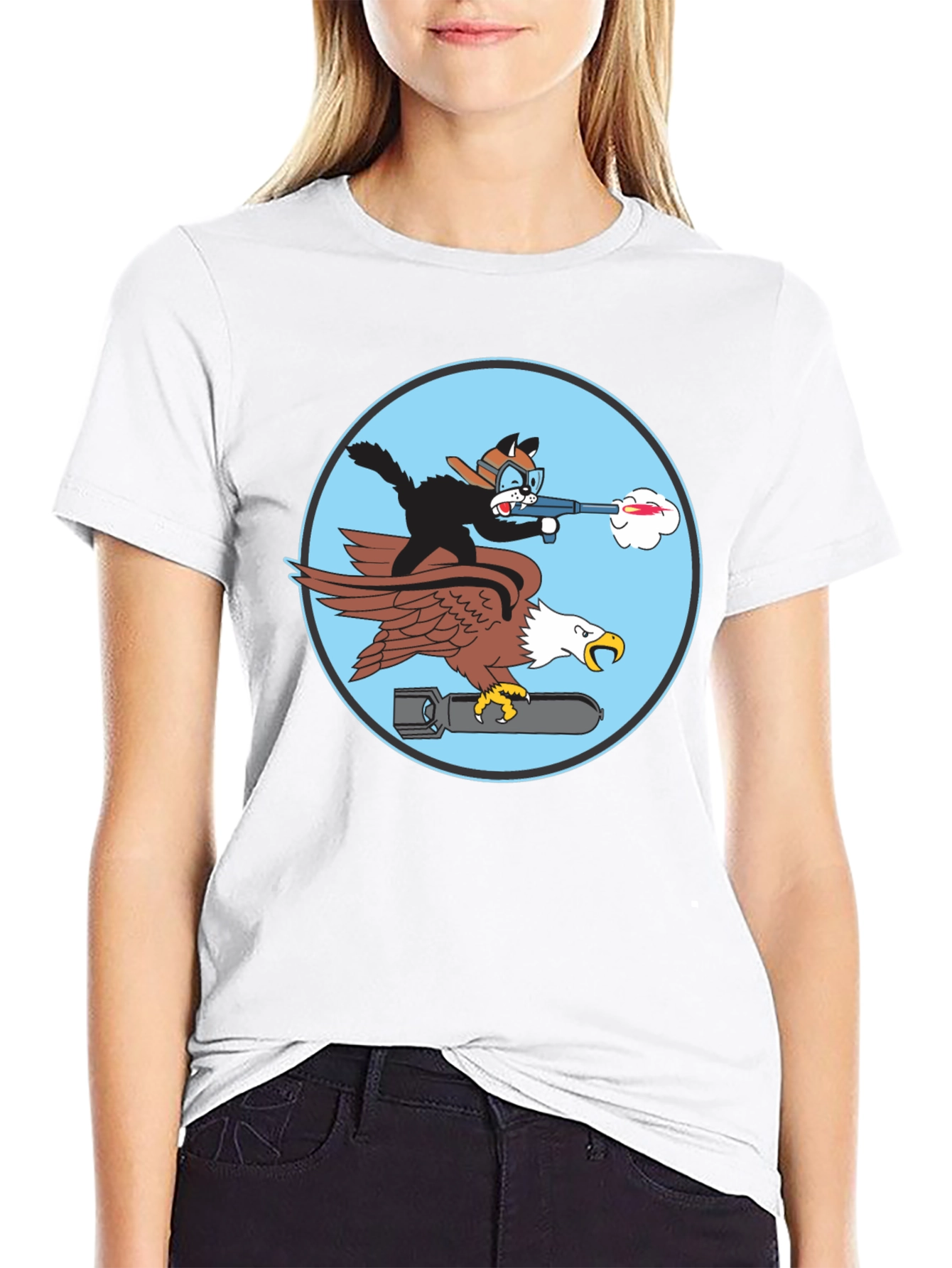 Black Cartoon Cat & Eagle T-Shirt - Funny Graphic Tee view 9