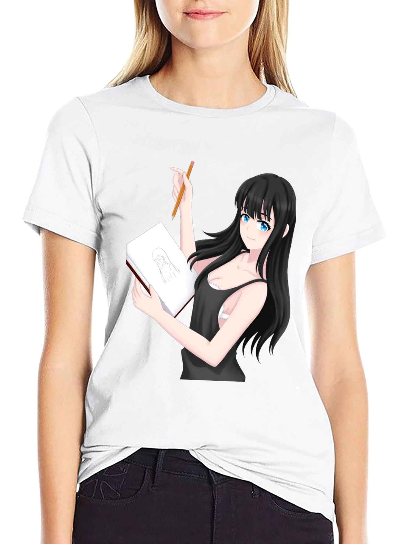 Black Anime Girl Sketch T-Shirt - Unique Design view 9