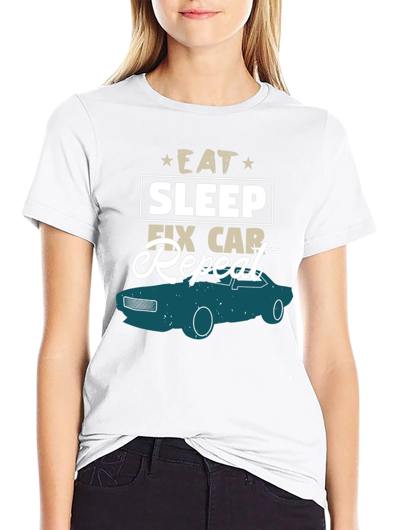Black Eat Sleep Fix Car Repeat Graphic Tee view 9