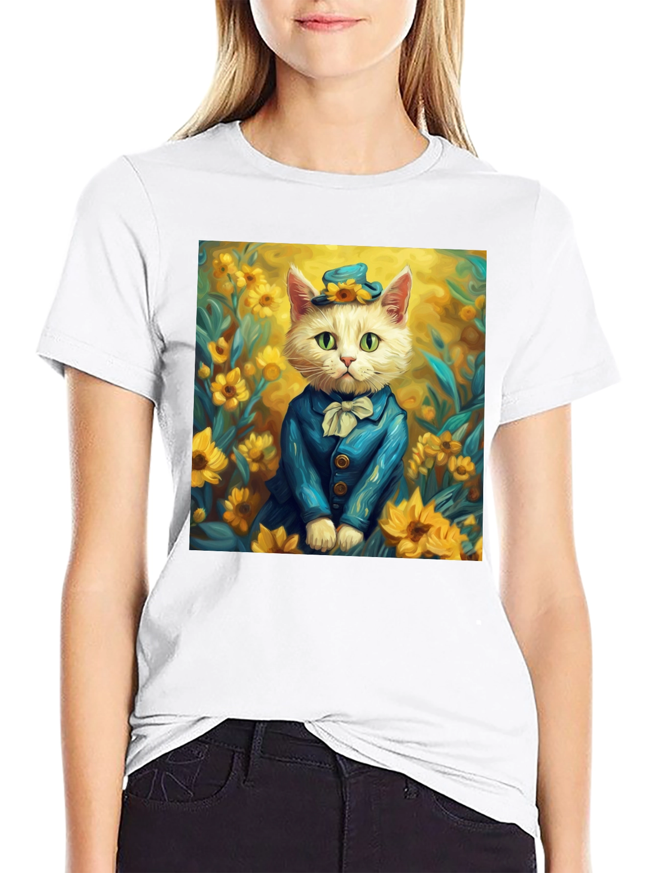 Black Cat in Sunflowers T-Shirt - Stylish Graphic Tee view 9