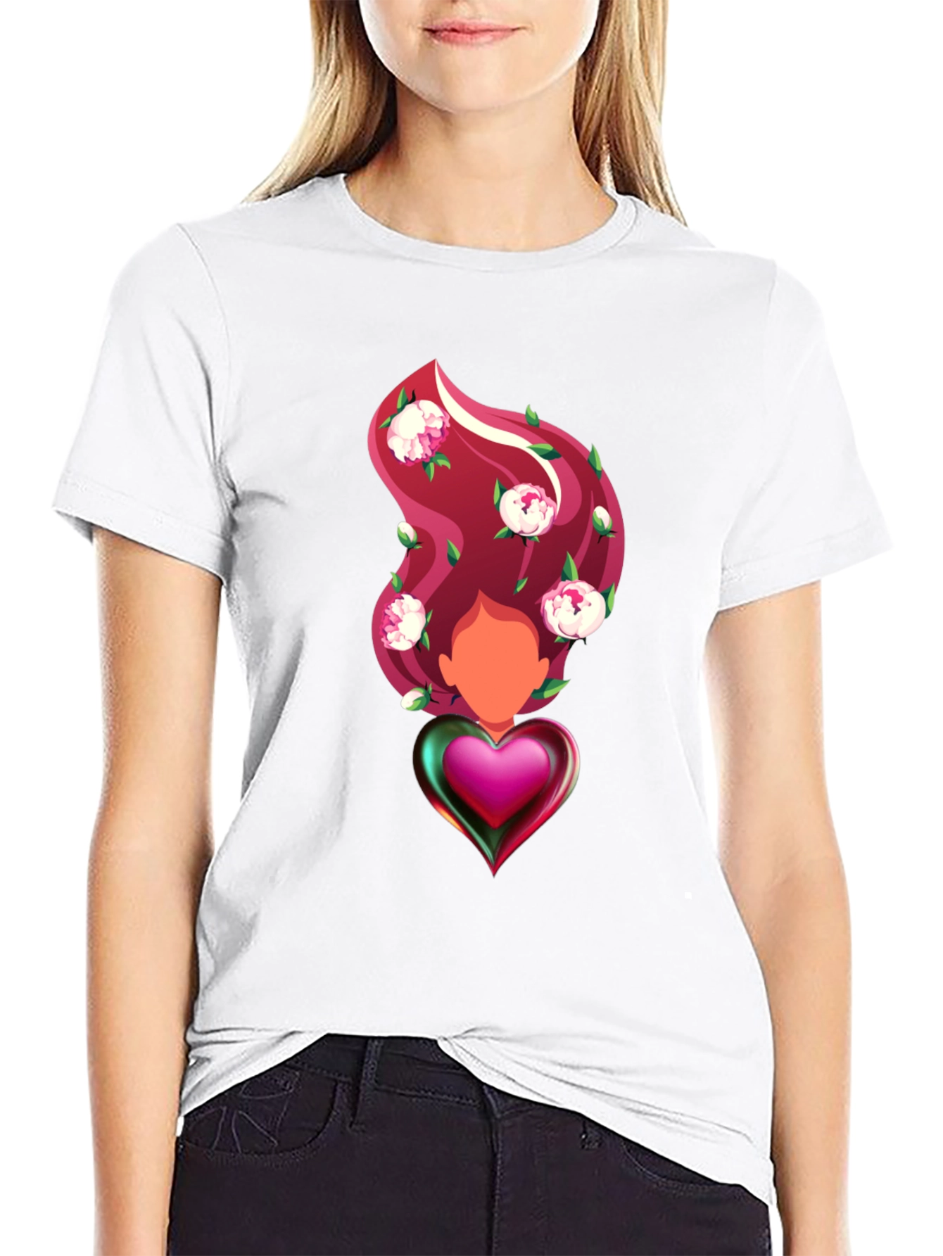 Black Heart & Floral T-Shirt - Artistic Graphic Tee view 9