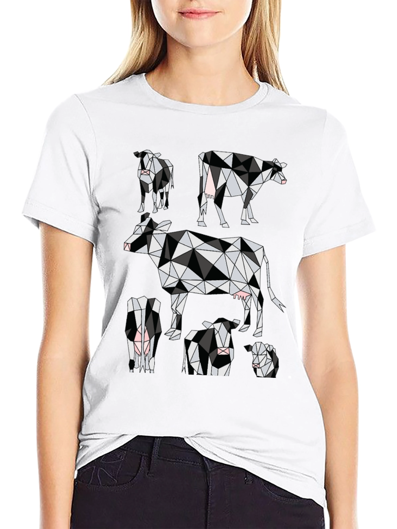 Black Geometric Cow Print Black T-Shirt view 9