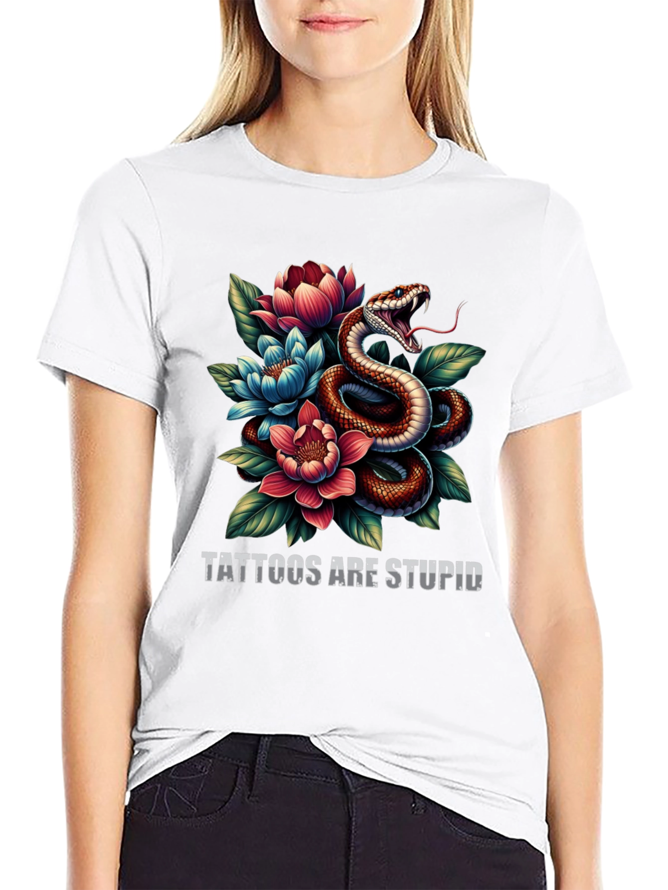 Black Snake & Floral Graphic Tee - Tattoos are Stupid view 9