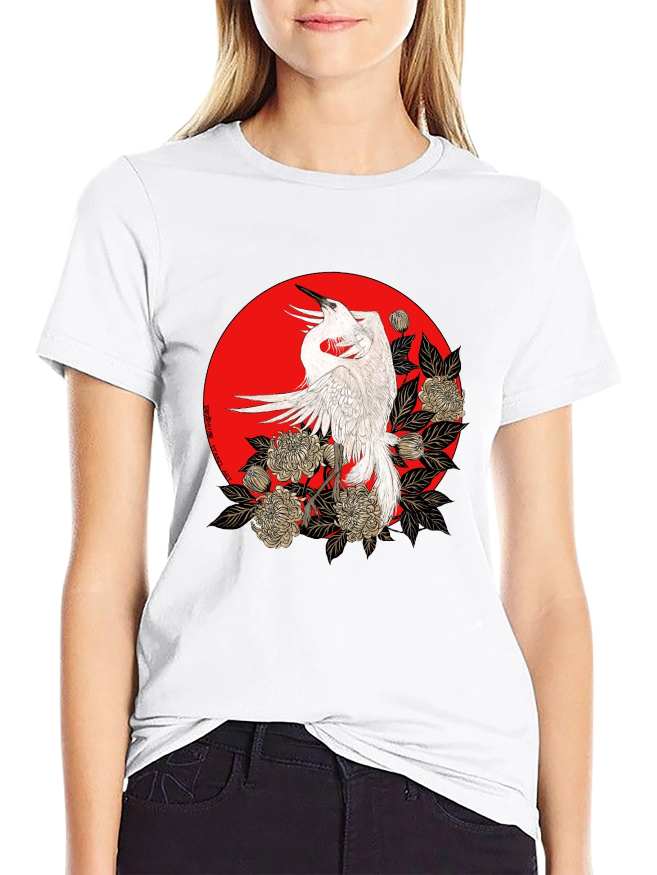 Crane and Floral Design Black Tee - 9