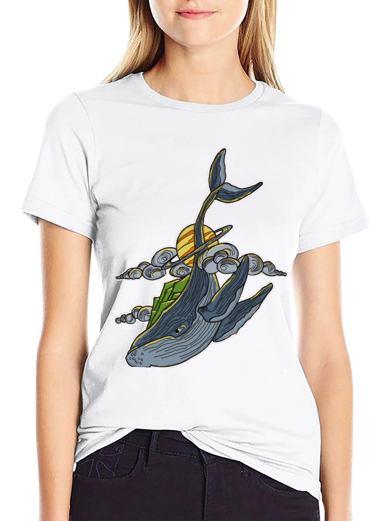 Black Whimsical Whale T-Shirt - Celestial Ocean Design view 9