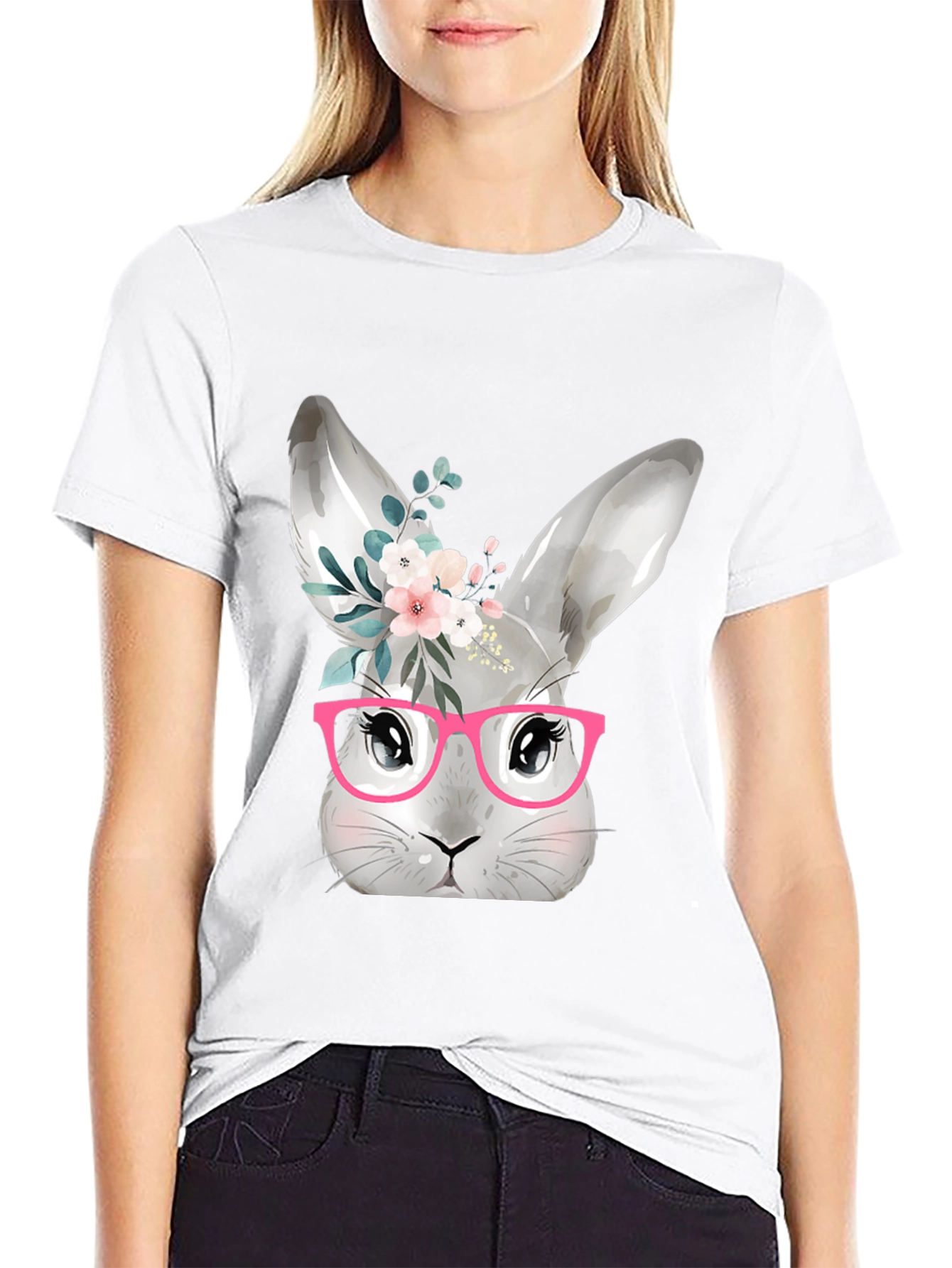 Black Cute Bunny with Glasses T-Shirt - Black view 9