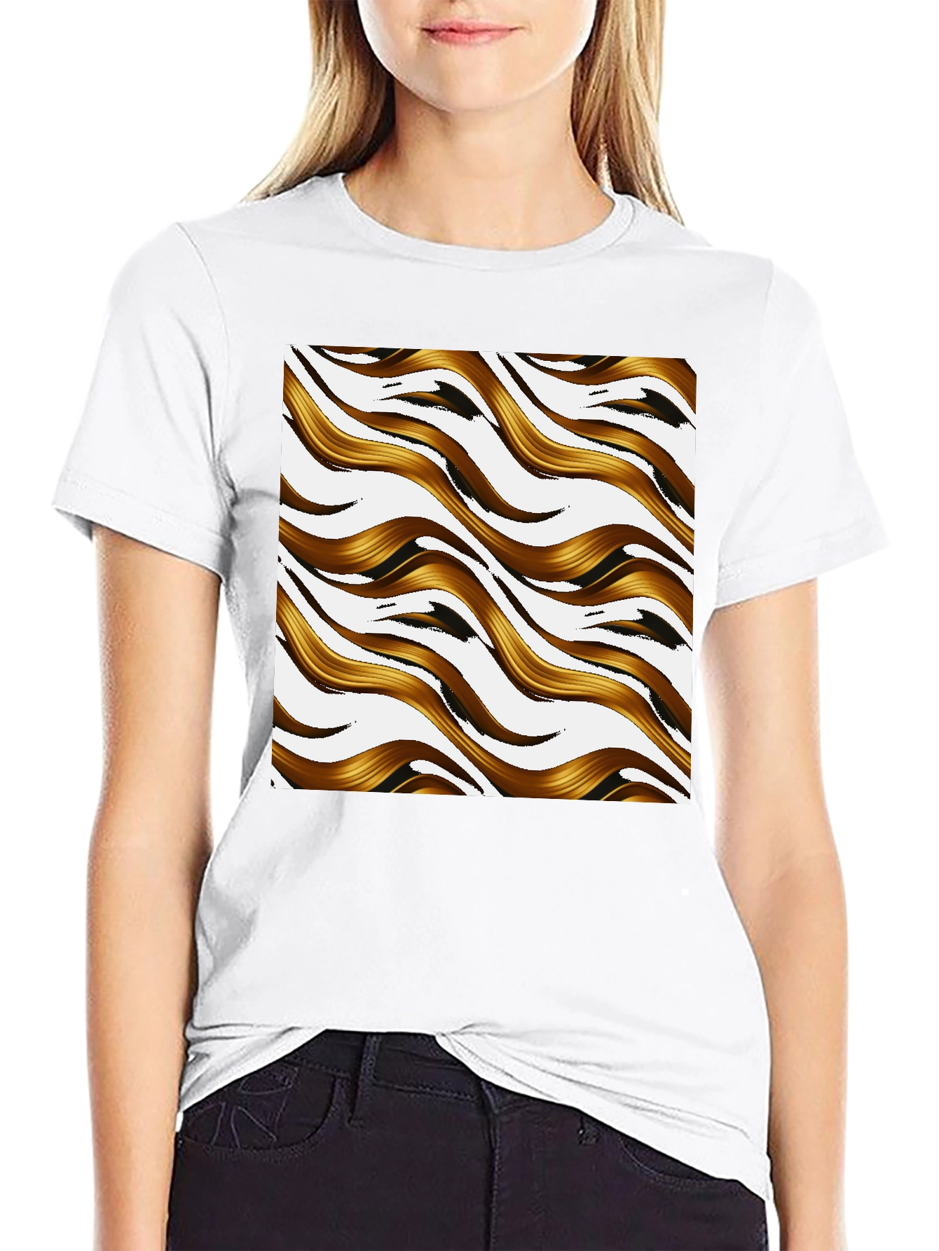 Black Golden Waves Graphic Print Black T-Shirt view 9