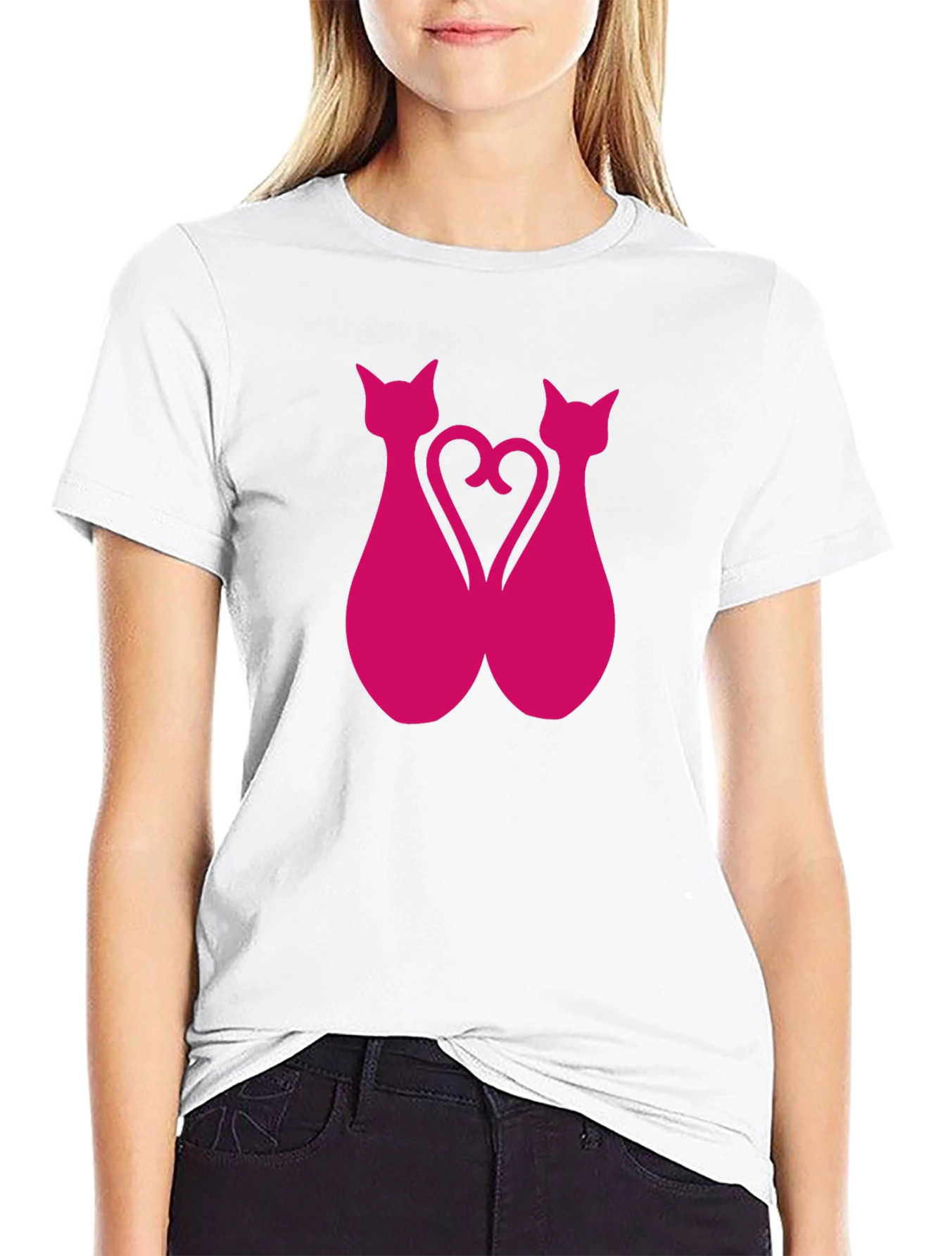 Black Pink Cat Silhouette Heart Graphic Tee view 9
