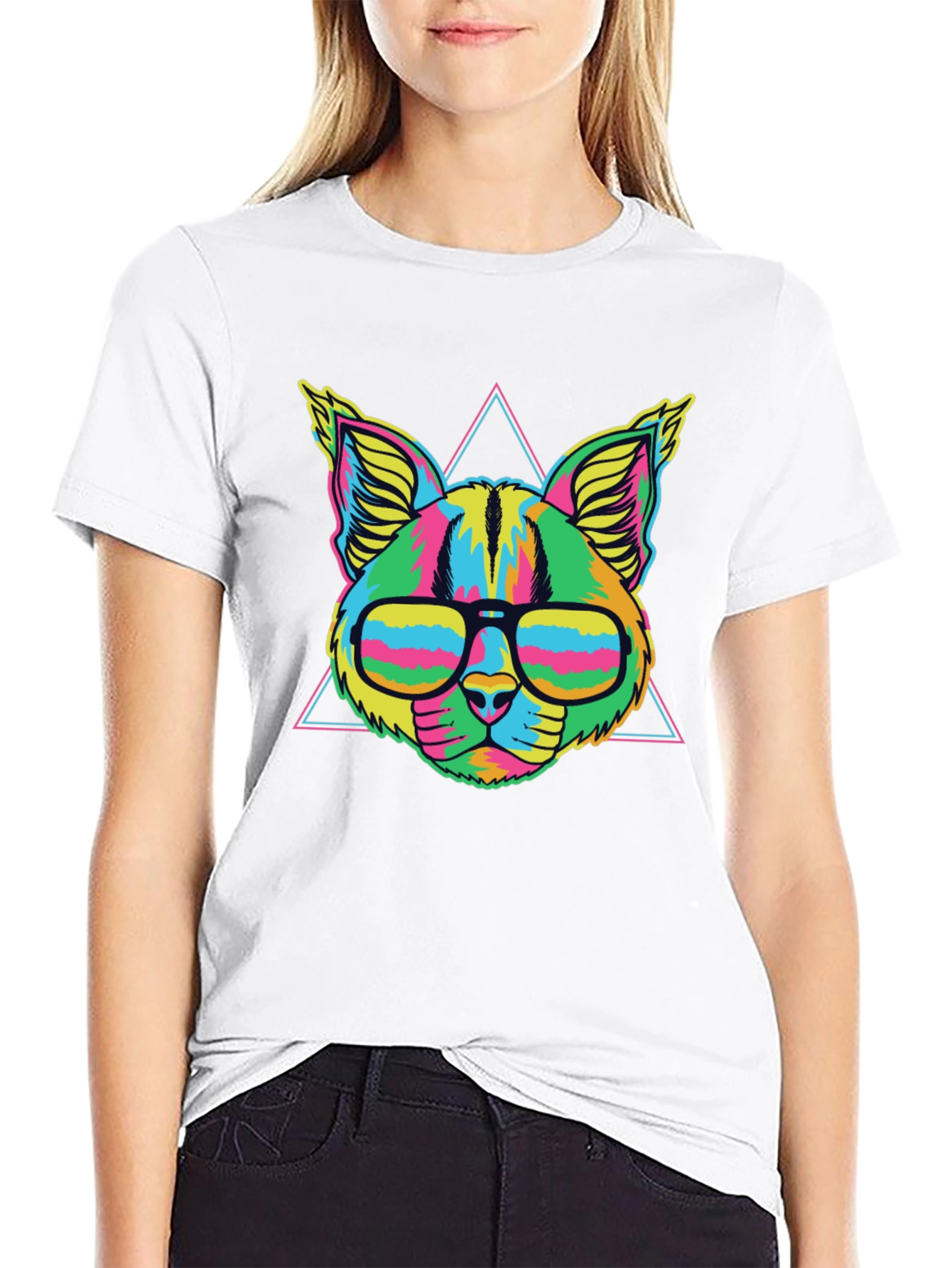 Black Vibrant Neon Cat T-Shirt with Glasses view 9
