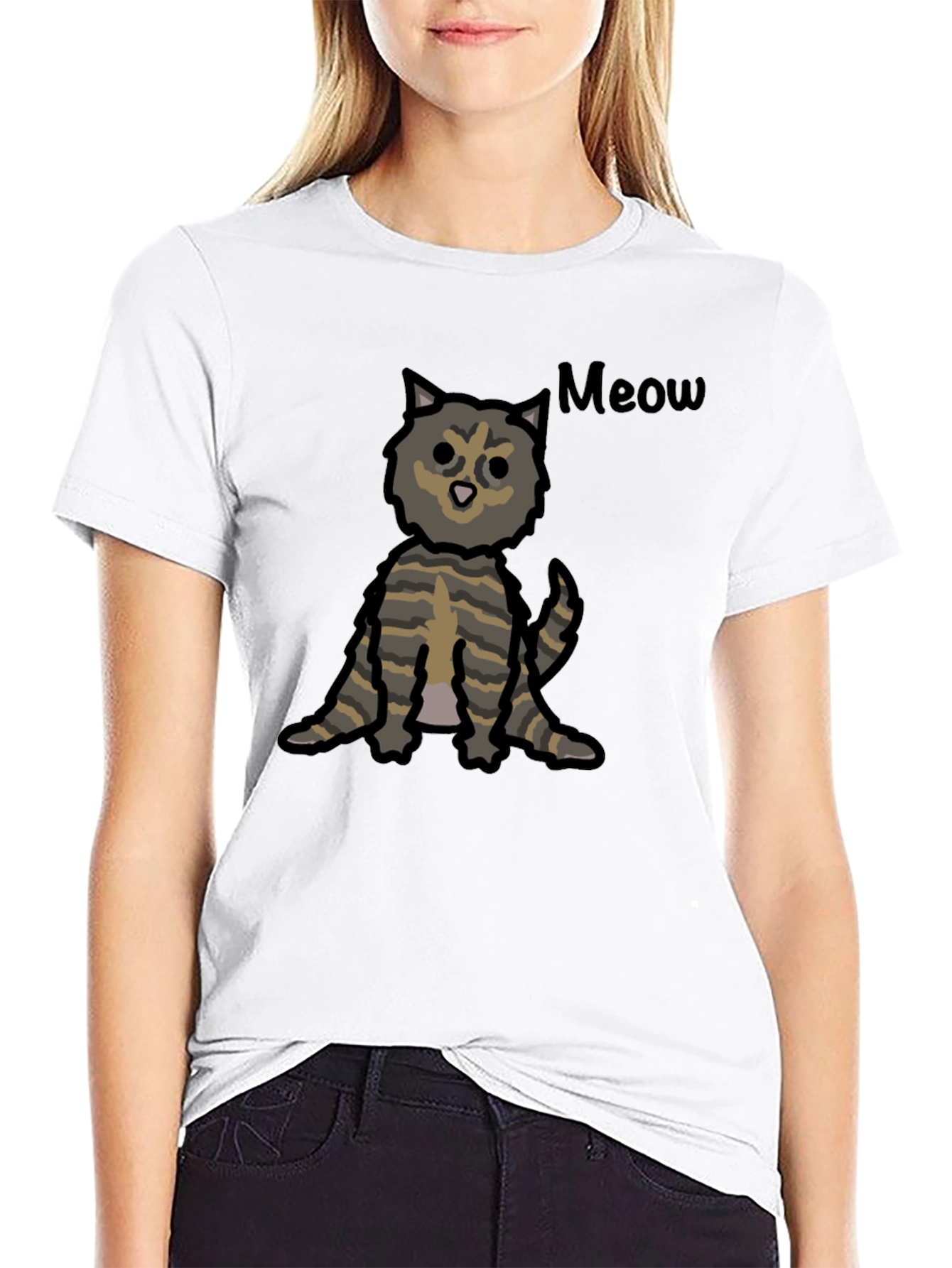 Black Cute Cartoon Cat Meow Graphic T-Shirt view 9