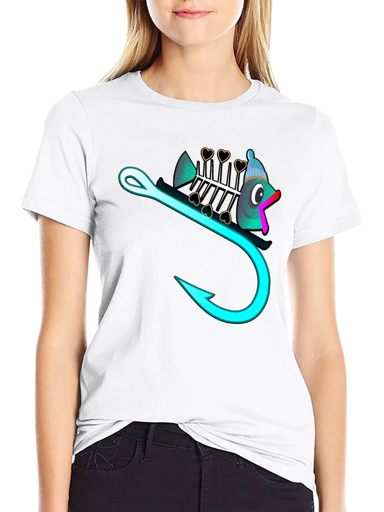 Black Funny Fishbone Hook Graphic T-Shirt view 9