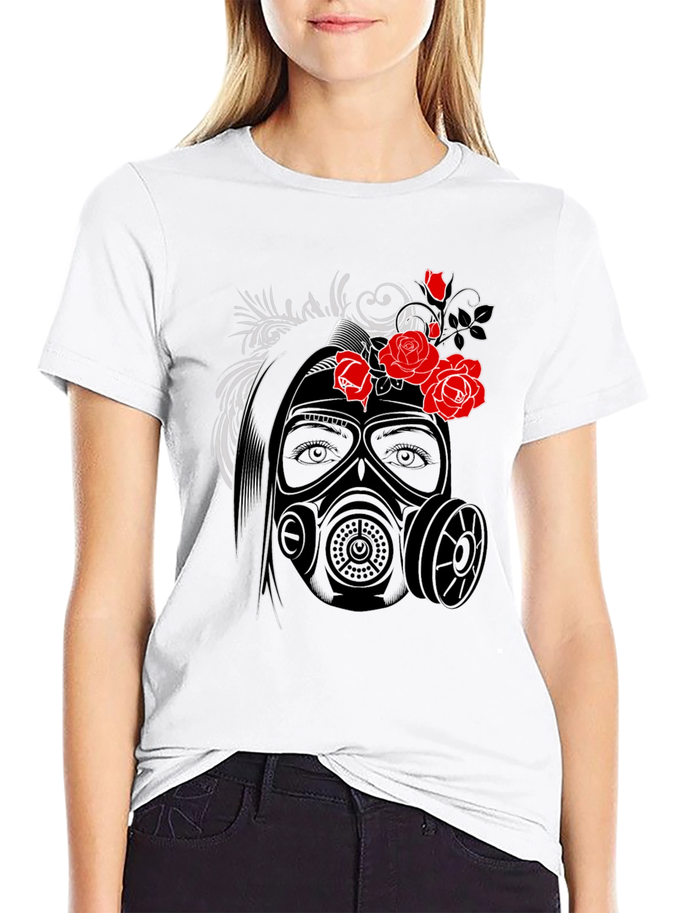 Black Gas Mask Rose Graphic T-Shirt view 9