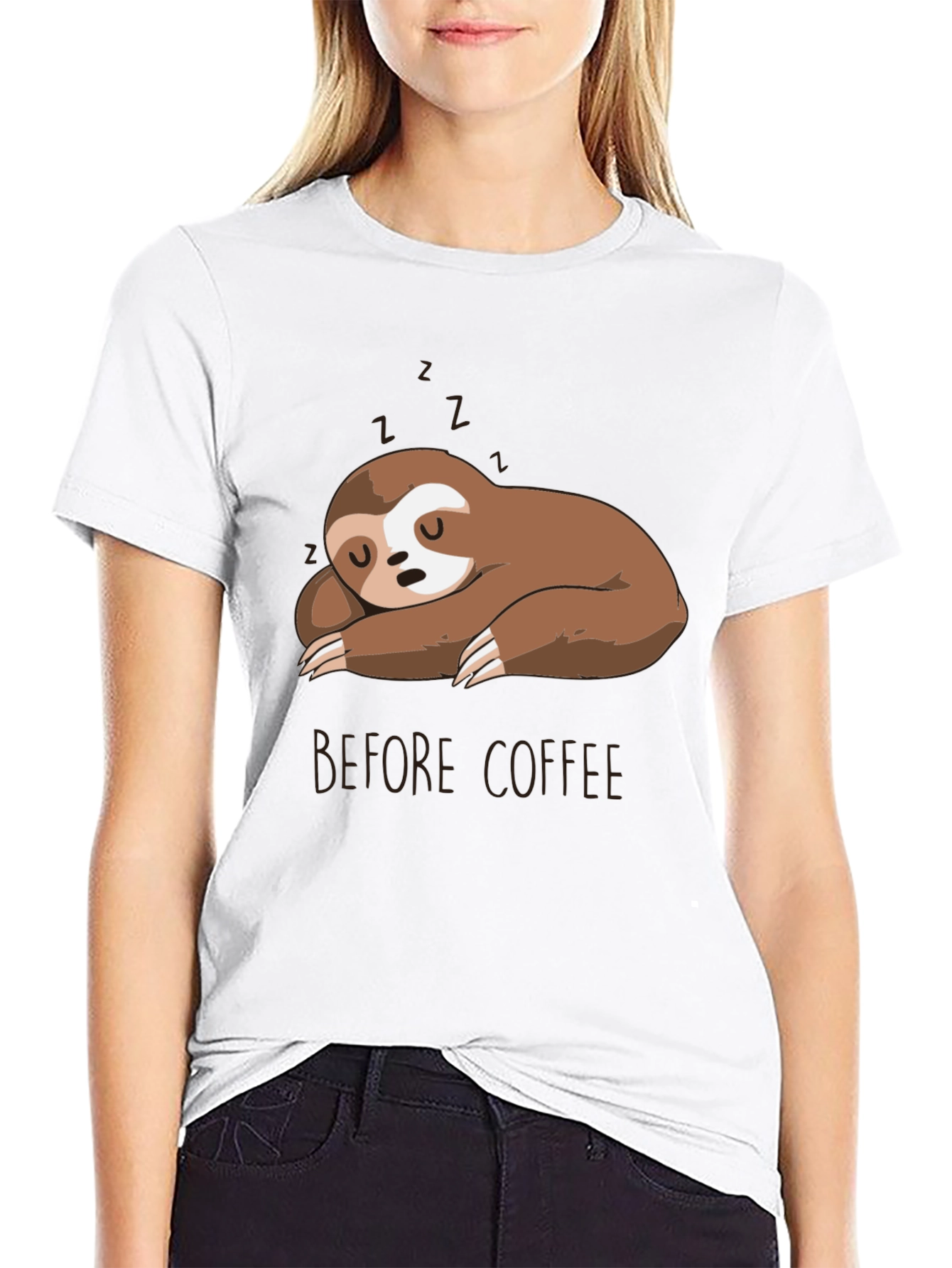 Black Sleeping Sloth Before Coffee T-Shirt view 9