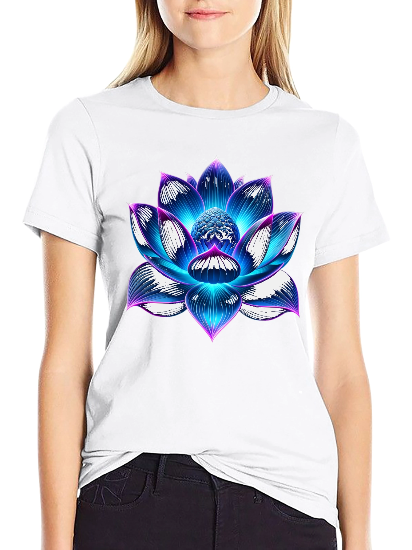 Black Blue Lotus Flower Graphic T-Shirt - Artistic Design view 9