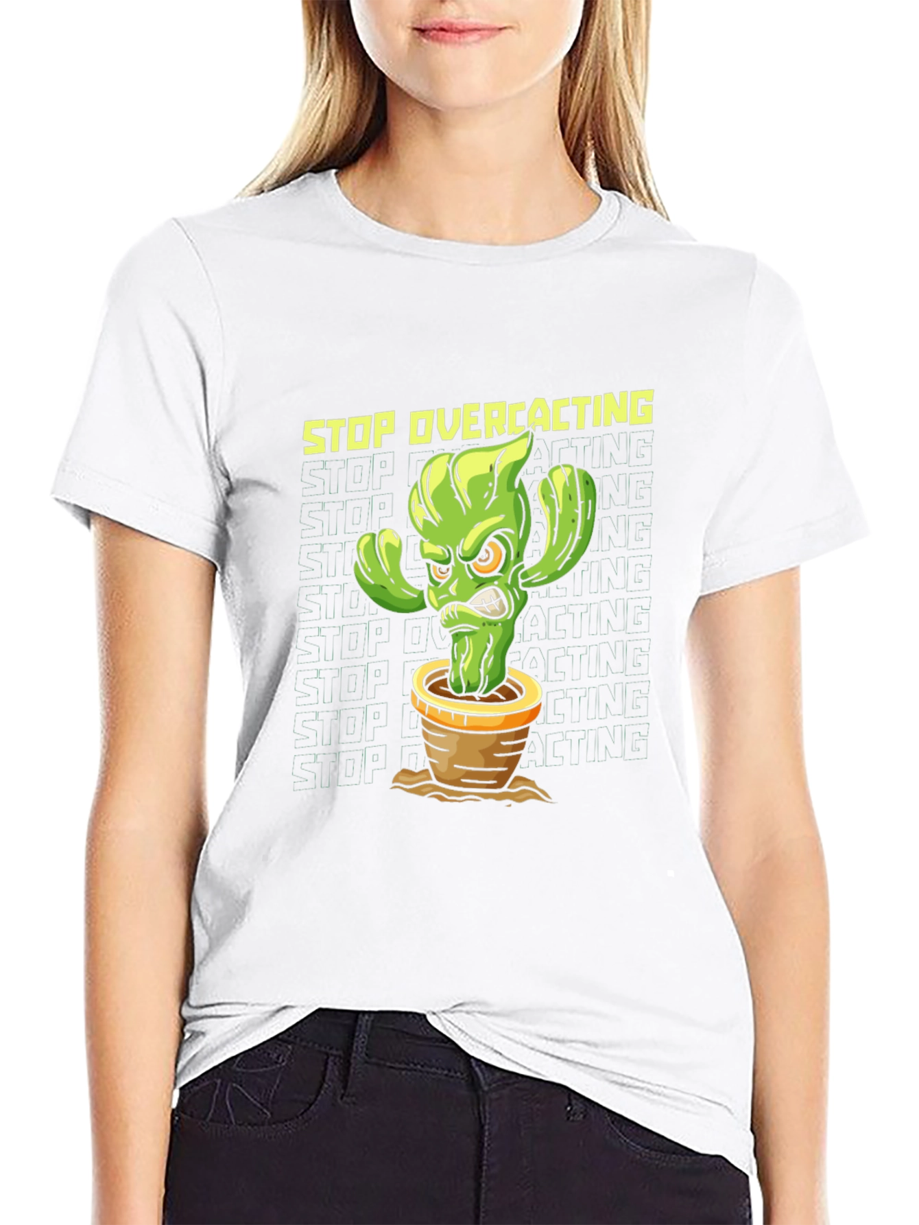Black Stop Overcacting T-Shirt - Funny Cactus Graphic Tee view 9