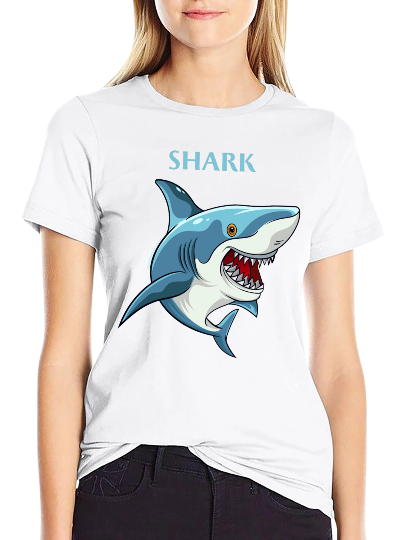 Cartoon Shark Graphic T-Shirt - Black Cotton Tee - 9
