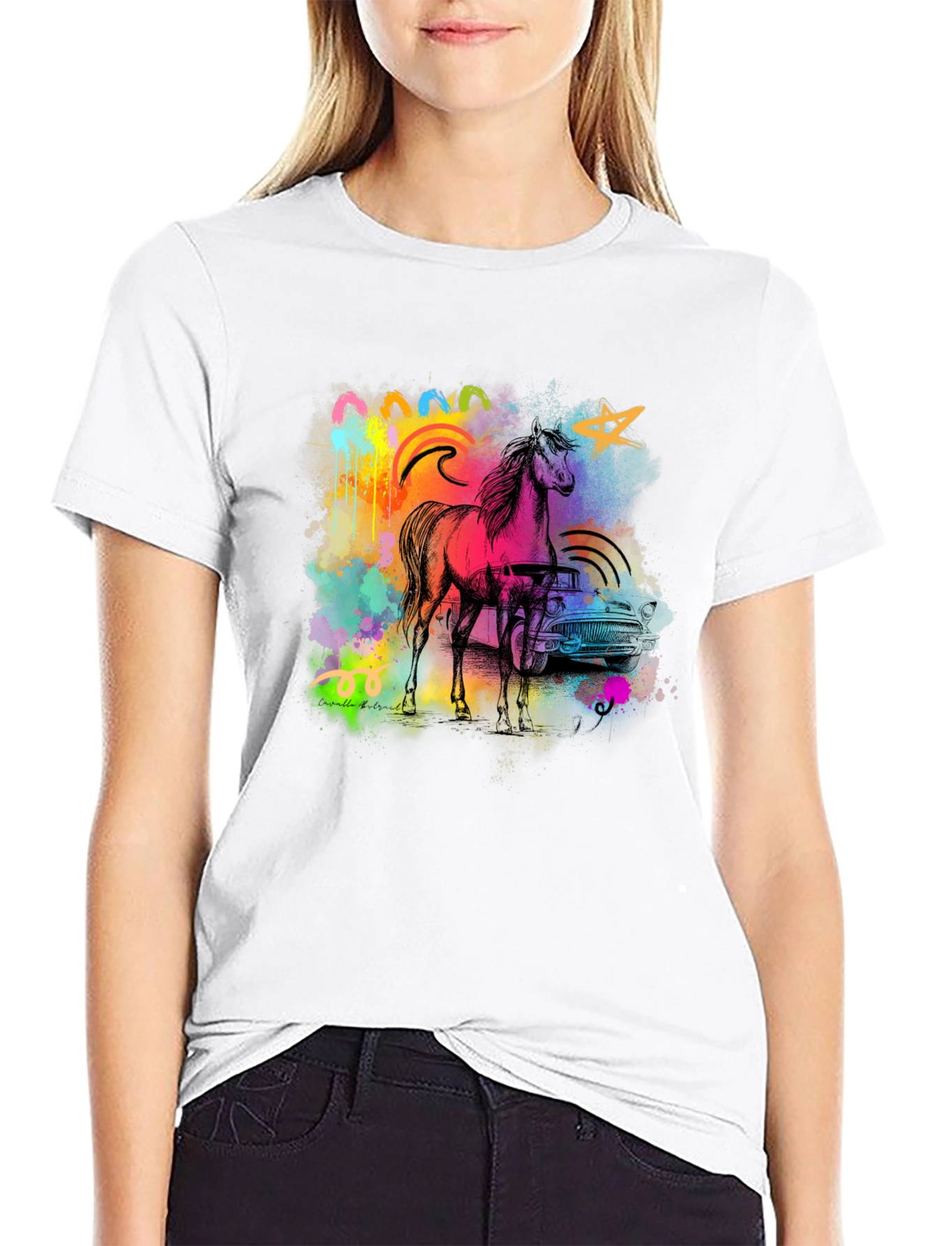 Black Vibrant Horse & Car Graphic Print Black T-Shirt view 9