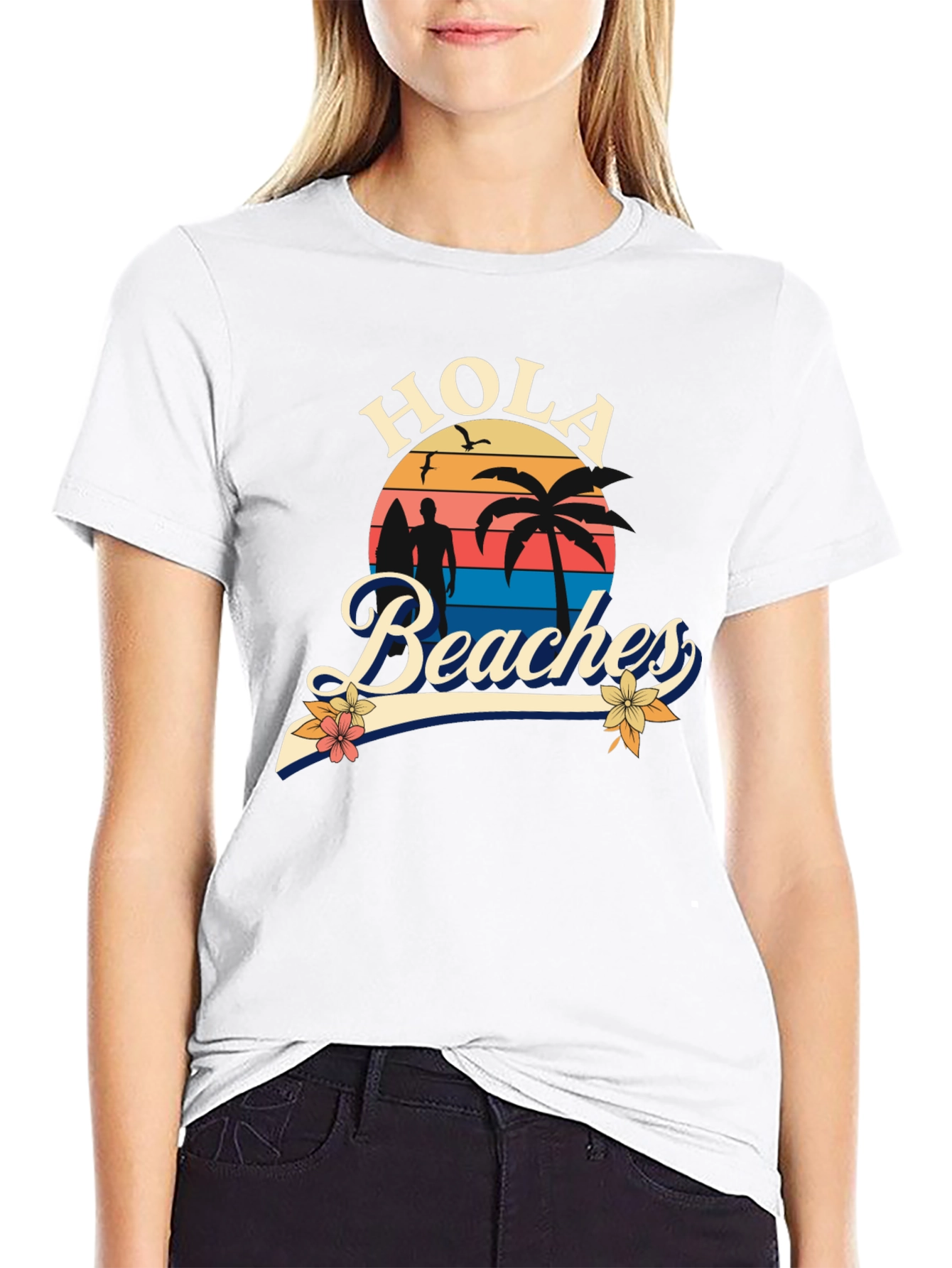 Black Hola Beaches T-Shirt - Sunset Beach Design view 9
