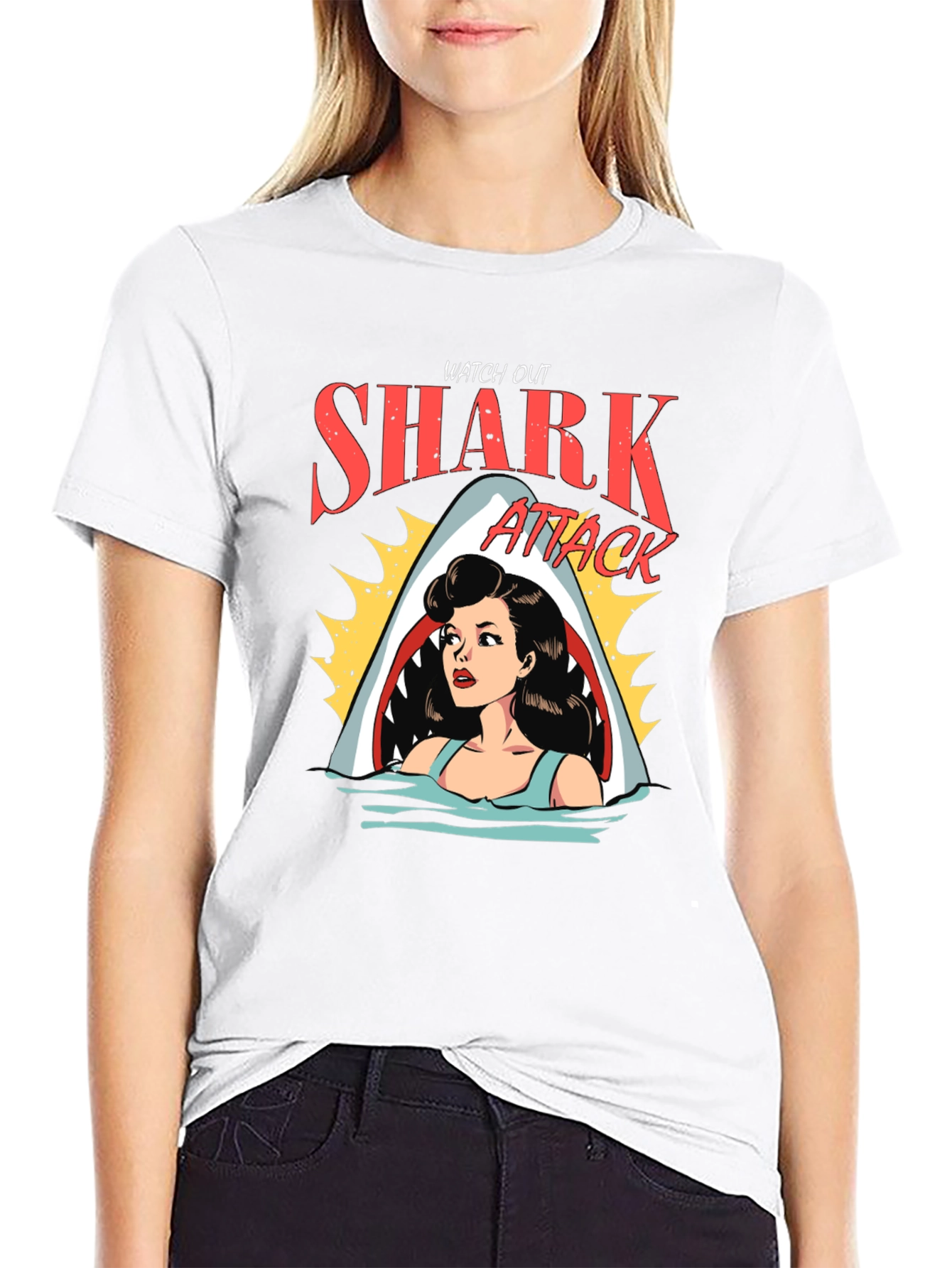 Black Shark Attack Cartoon Graphic Black T-Shirt view 9