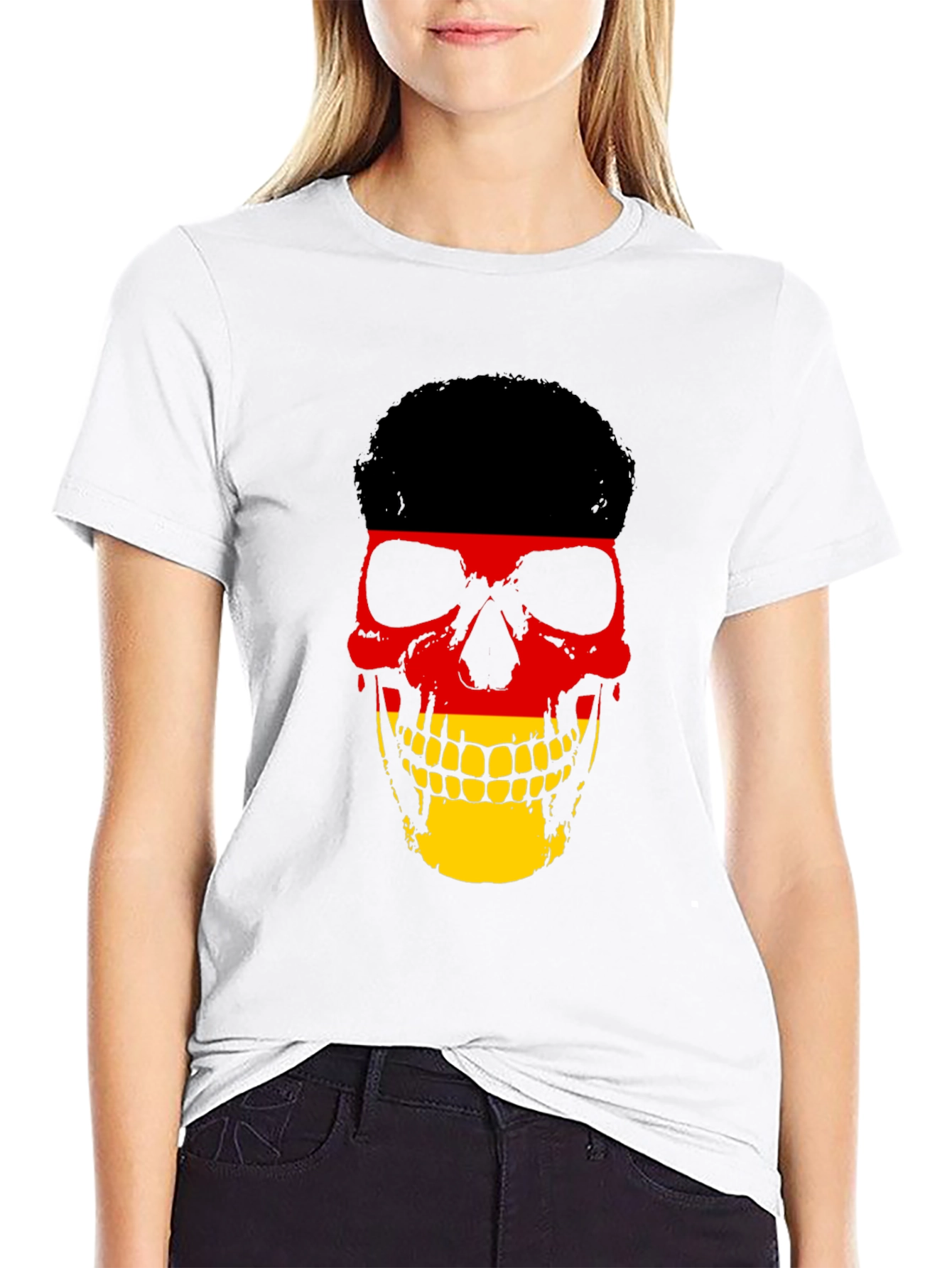Black German Flag Skull Graphic Tee - Black Cotton T-Shirt view 9