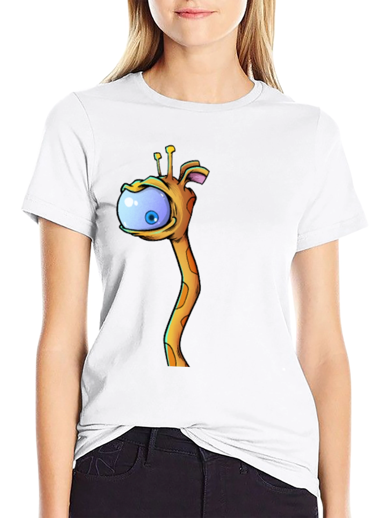 Black Cartoon Giraffe Eye T-Shirt - Black Cotton Tee view 9