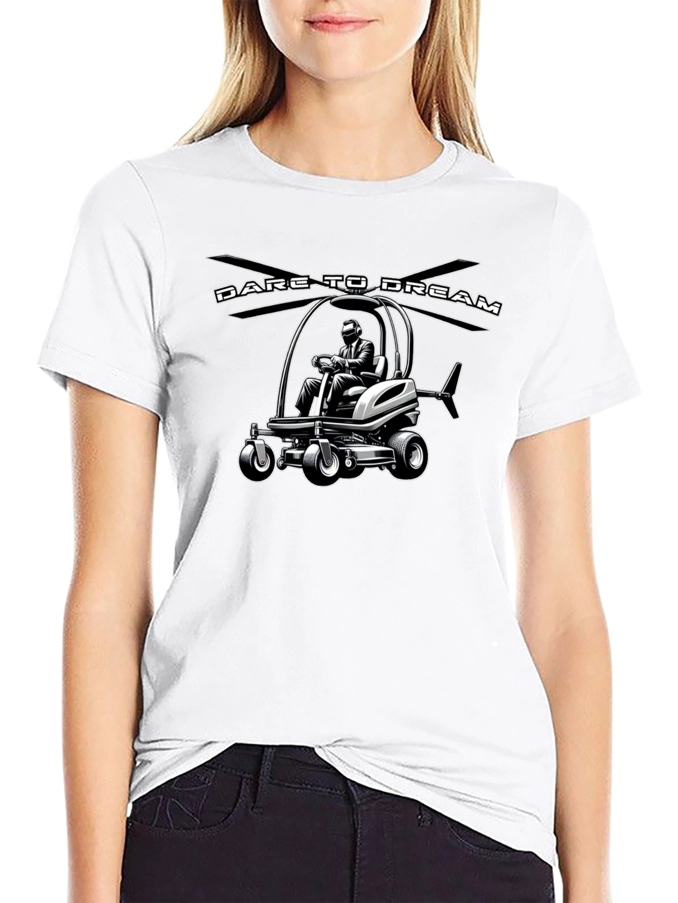 Black Dare to Dream Lawn Mower Helicopter T-Shirt view 9