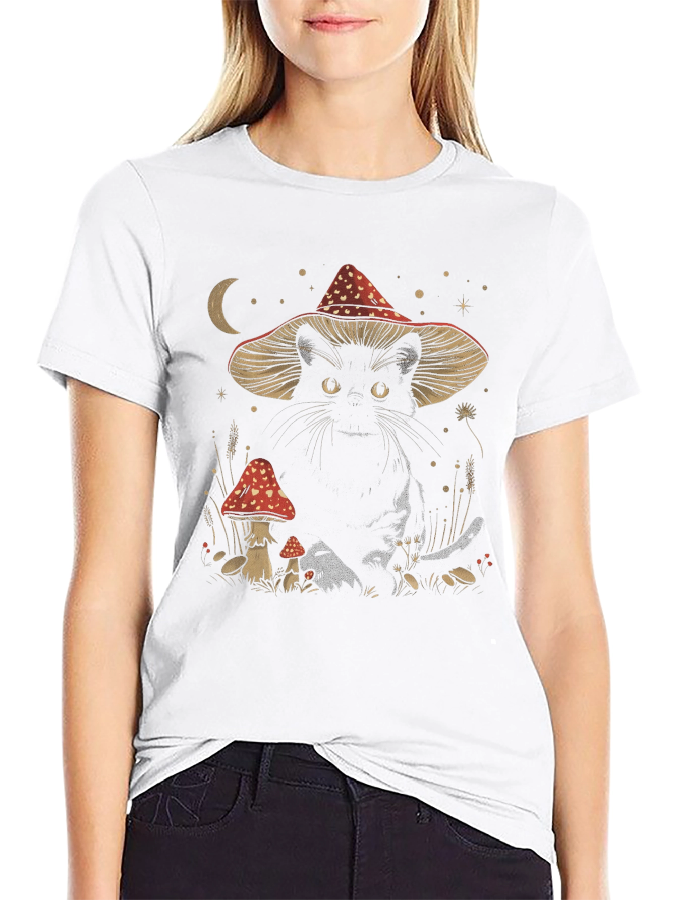 Black Cat in Mushroom Hat T-Shirt - Whimsical Graphic Tee view 9