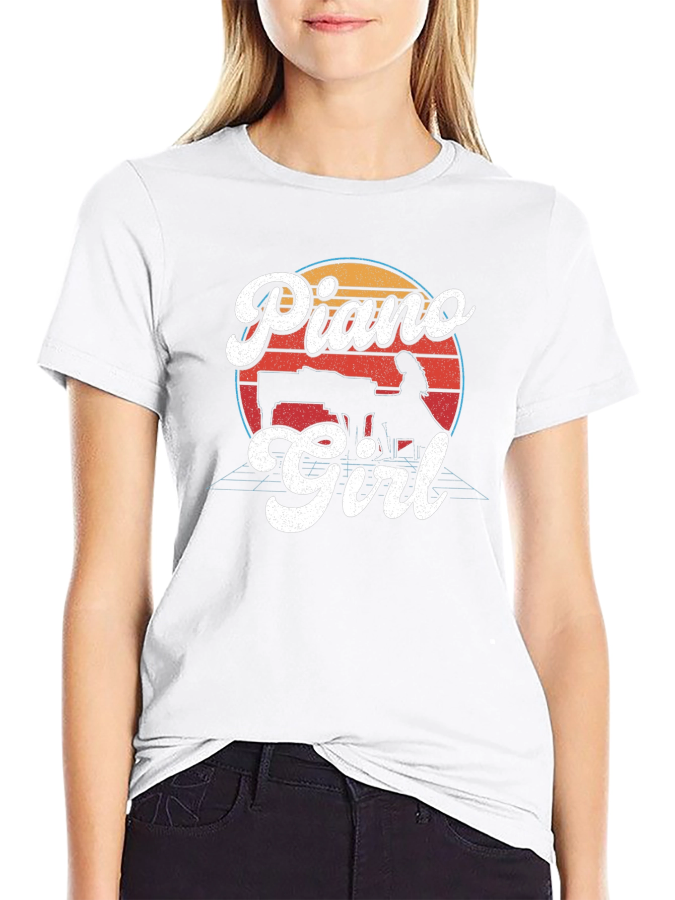 Black Retro Piano Girl Graphic T-Shirt - Black view 9
