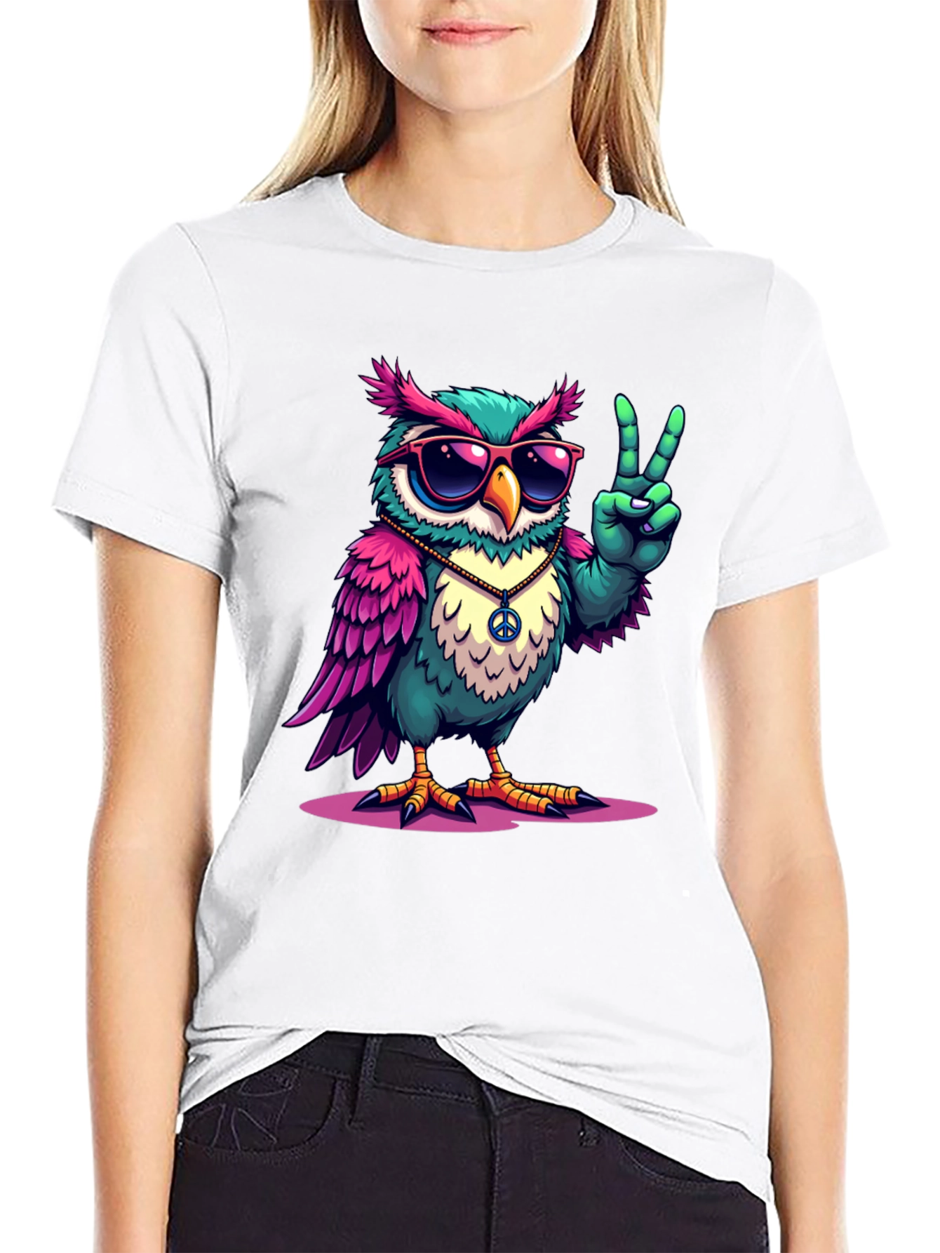 Black Cool Owl Peace Sign T-Shirt view 9