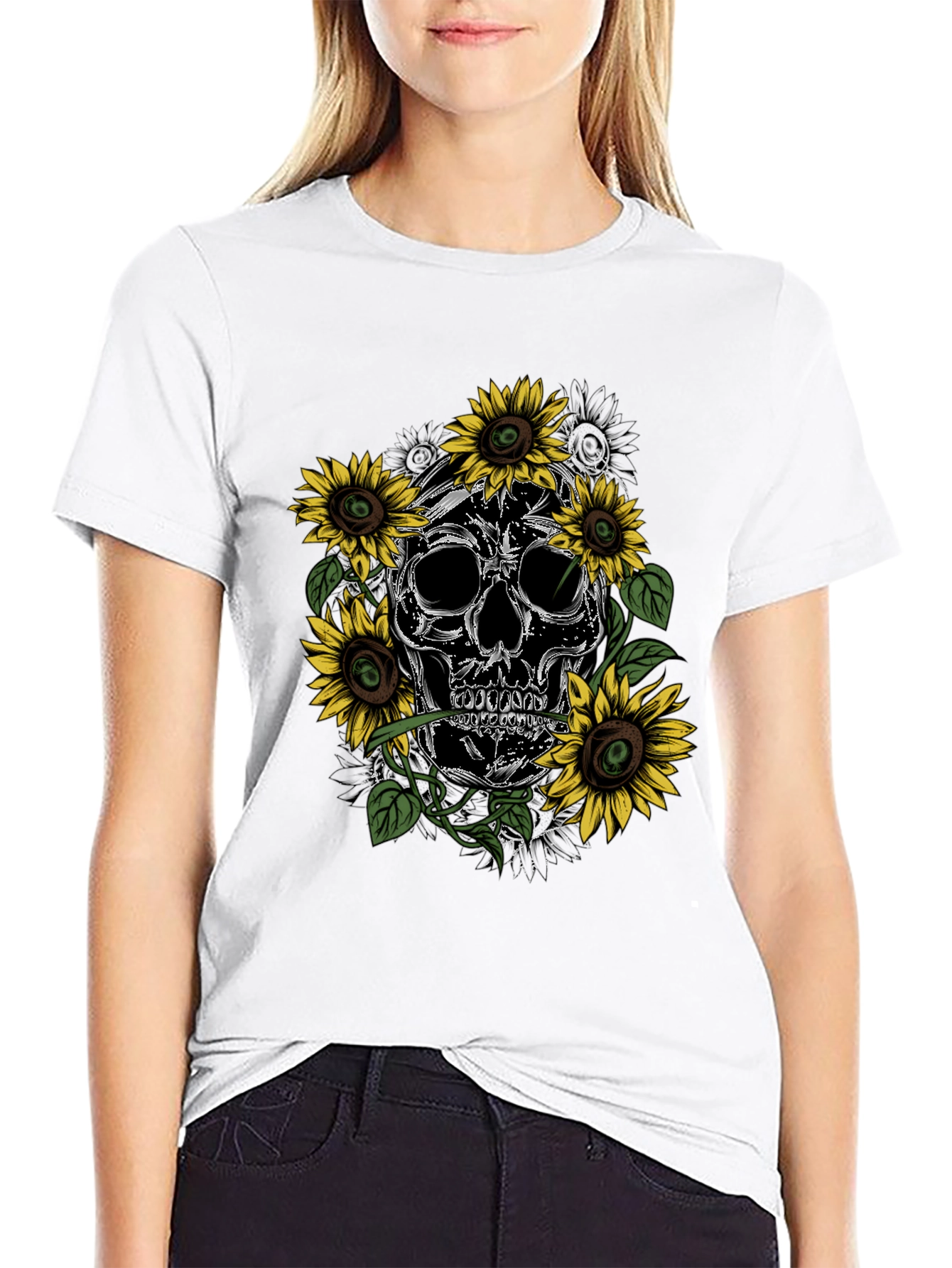 Black Skull & Sunflower Graphic Tee - Men's Black T-Shirt view 9
