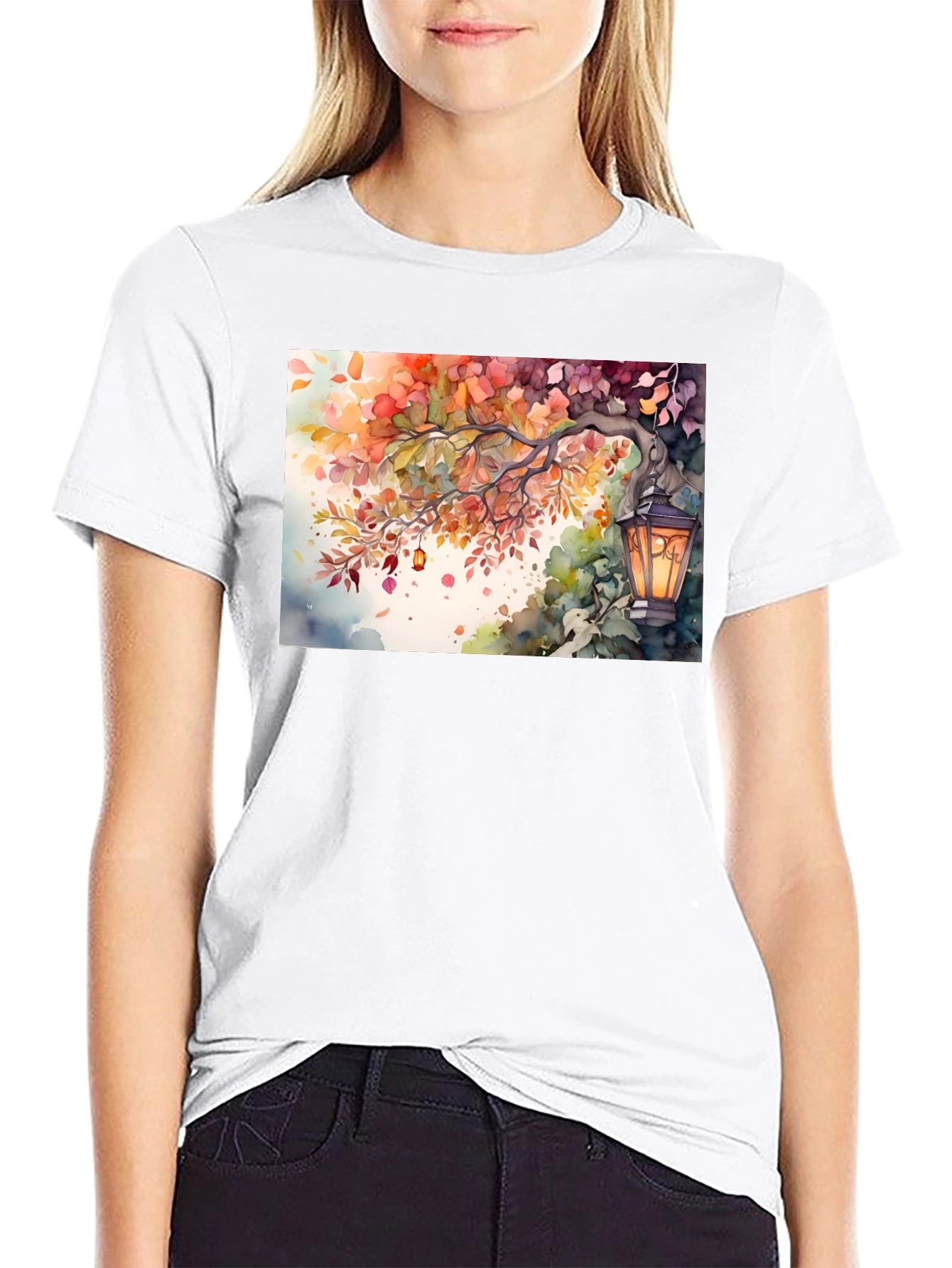 Black Watercolor Autumn Scene T-Shirt view 9
