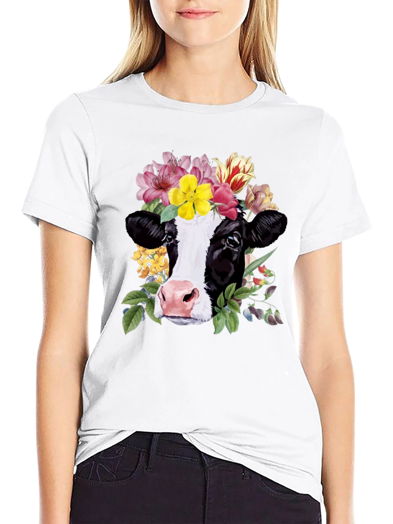 Black Floral Cow Graphic Tee - Unisex Black T-Shirt view 9
