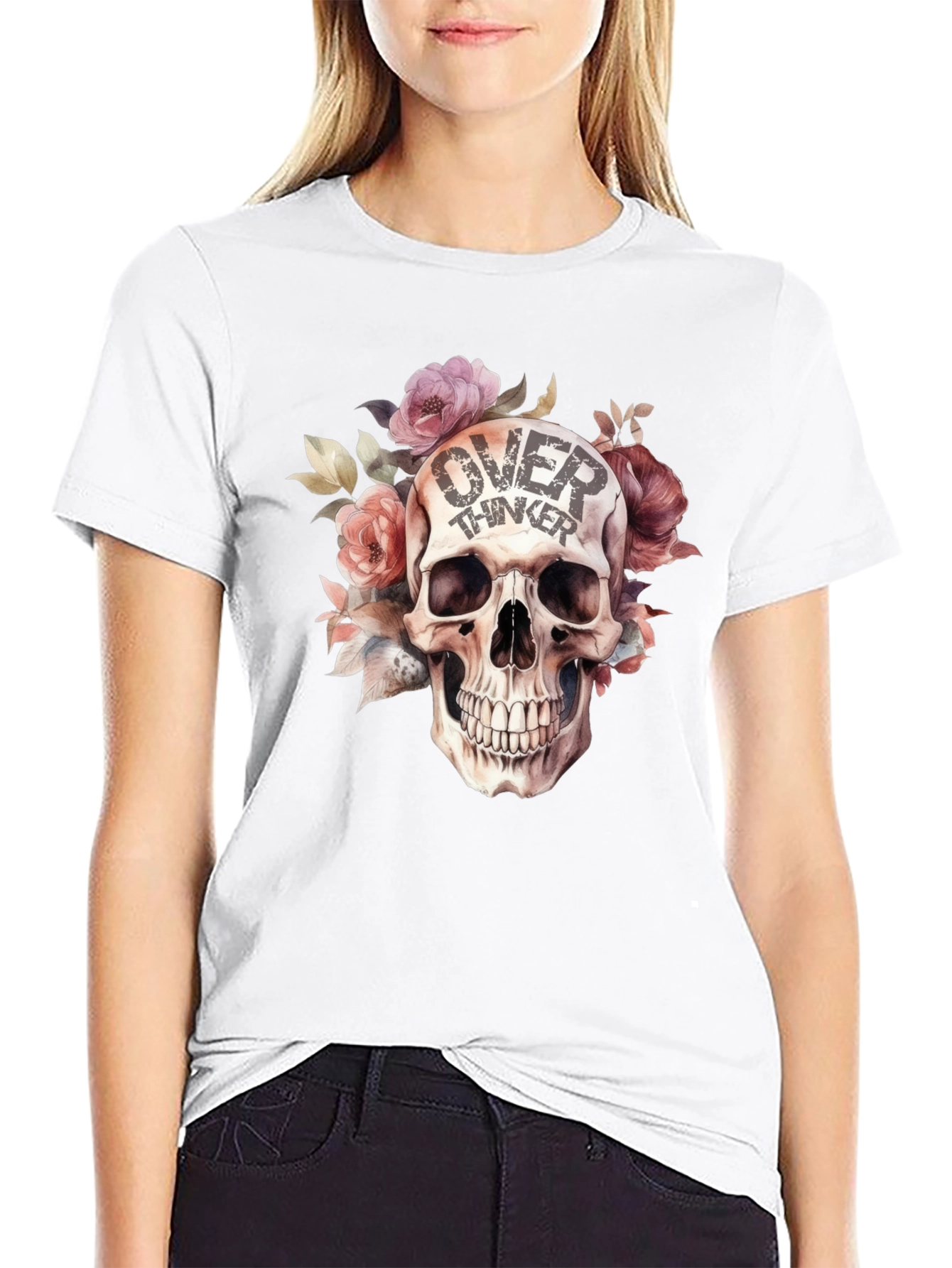 Black Over Thinker Skull Graphic T-Shirt - Stylish Floral Design view 9