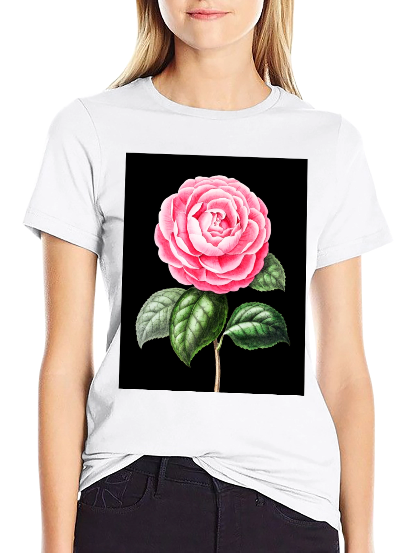 Black Elegant Rose Graphic Tee - Black Cotton Blend view 9