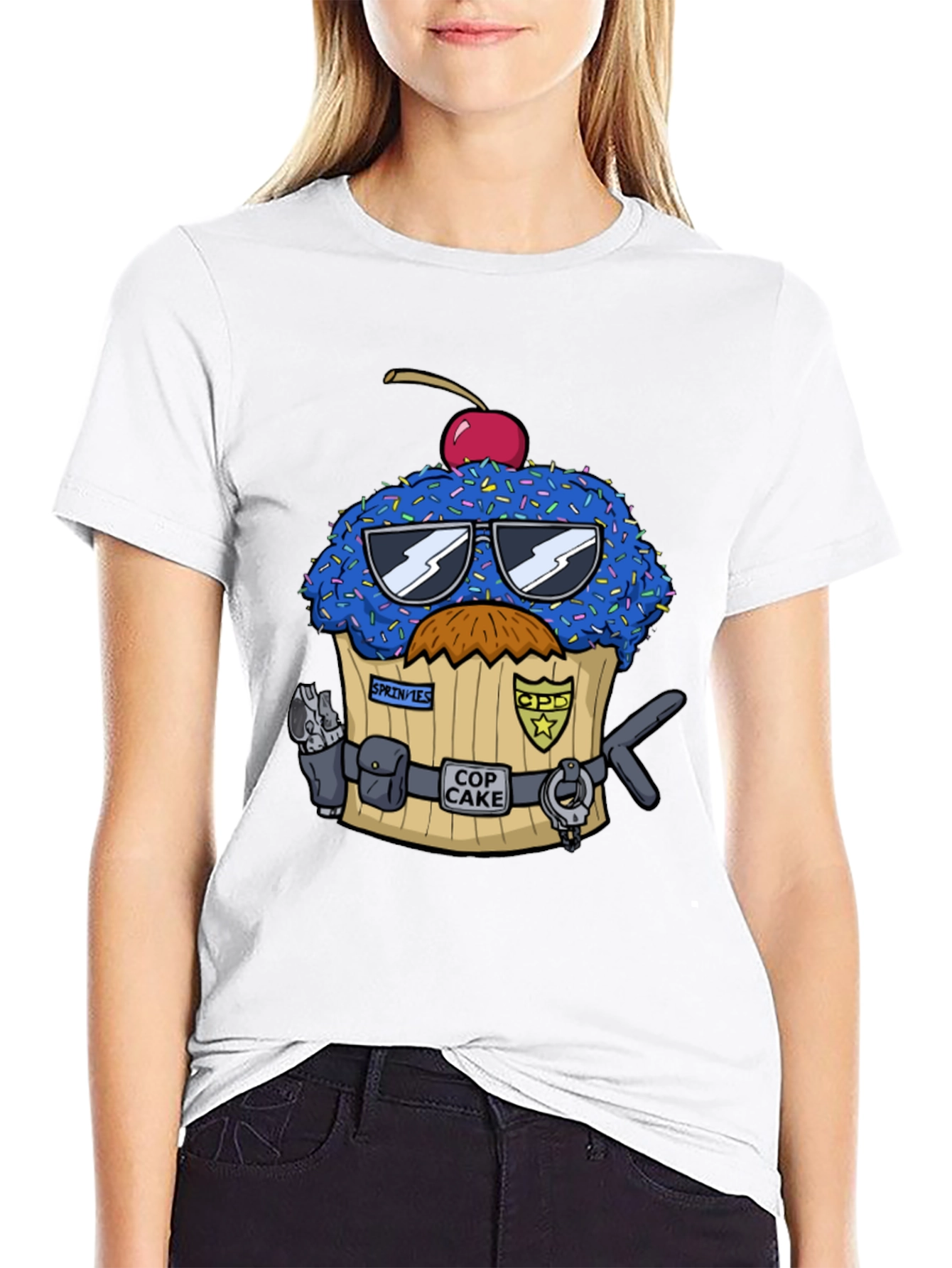 Black Cop Cake Graphic Tee - Humorous Police Cupcake T-Shirt view 9
