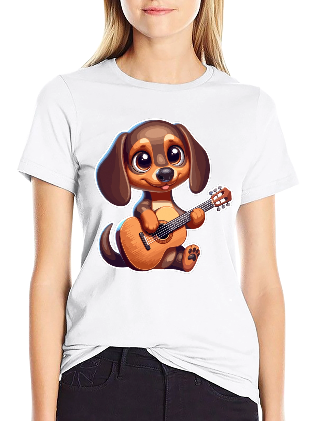 Black Cartoon Dog Playing Guitar T-Shirt view 9