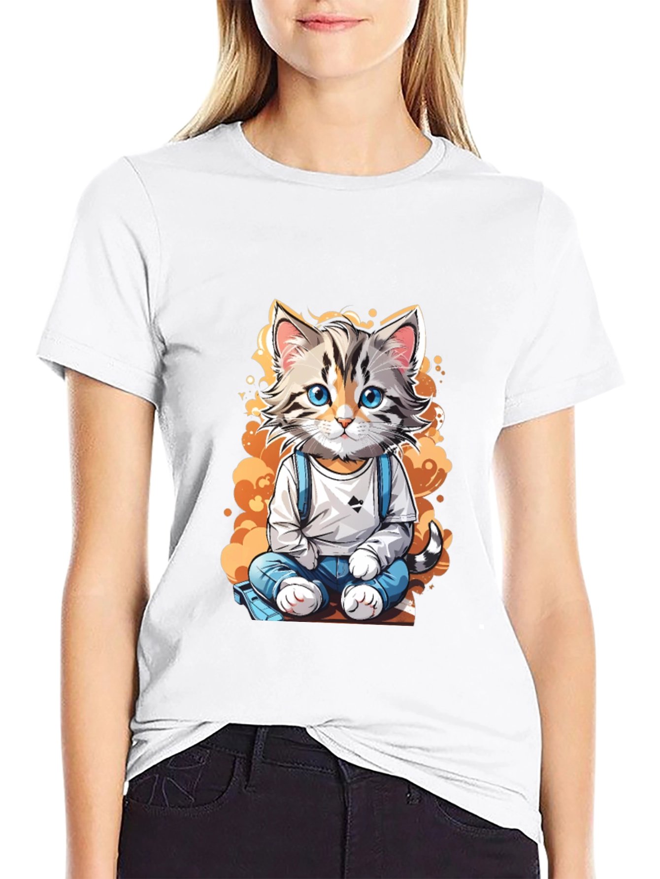 Black Cute Cartoon Cat Graphic Tee view 9