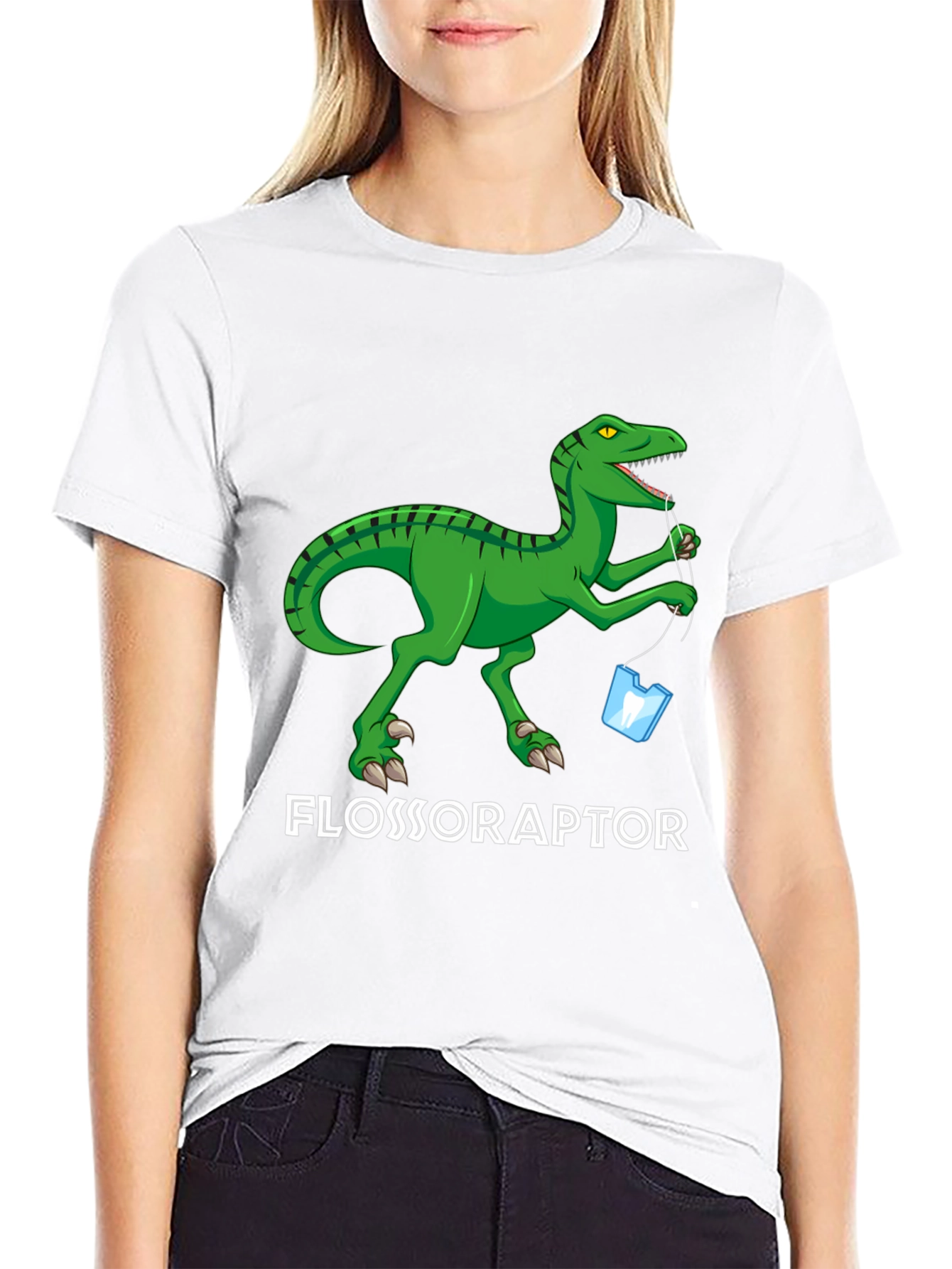 Black Flossoraptor Graphic Tee - Dental Humor Dinosaur T-Shirt view 9