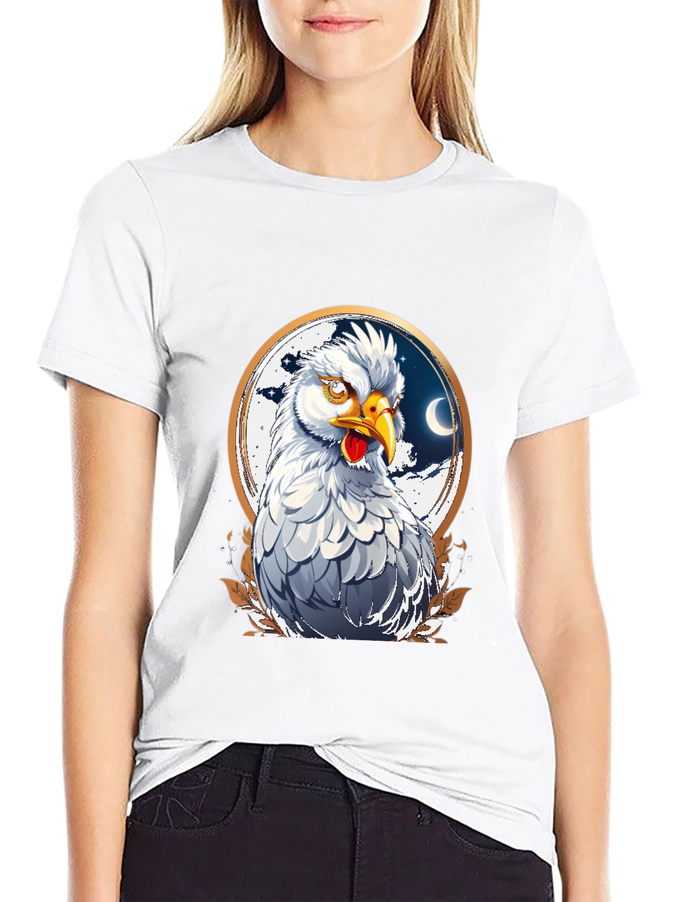 Black Hen in Crescent Moon Circle Graphic T-Shirt view 9