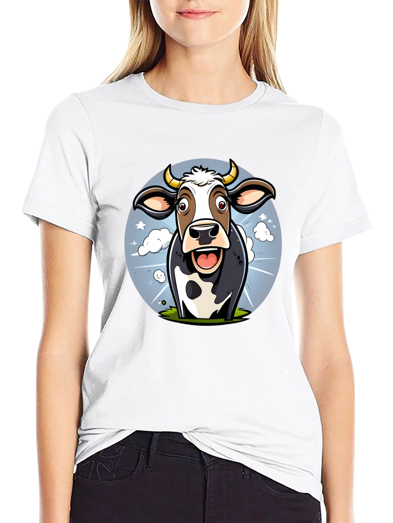 Black Funny Cow Cartoon Graphic Print Black T-Shirt view 9