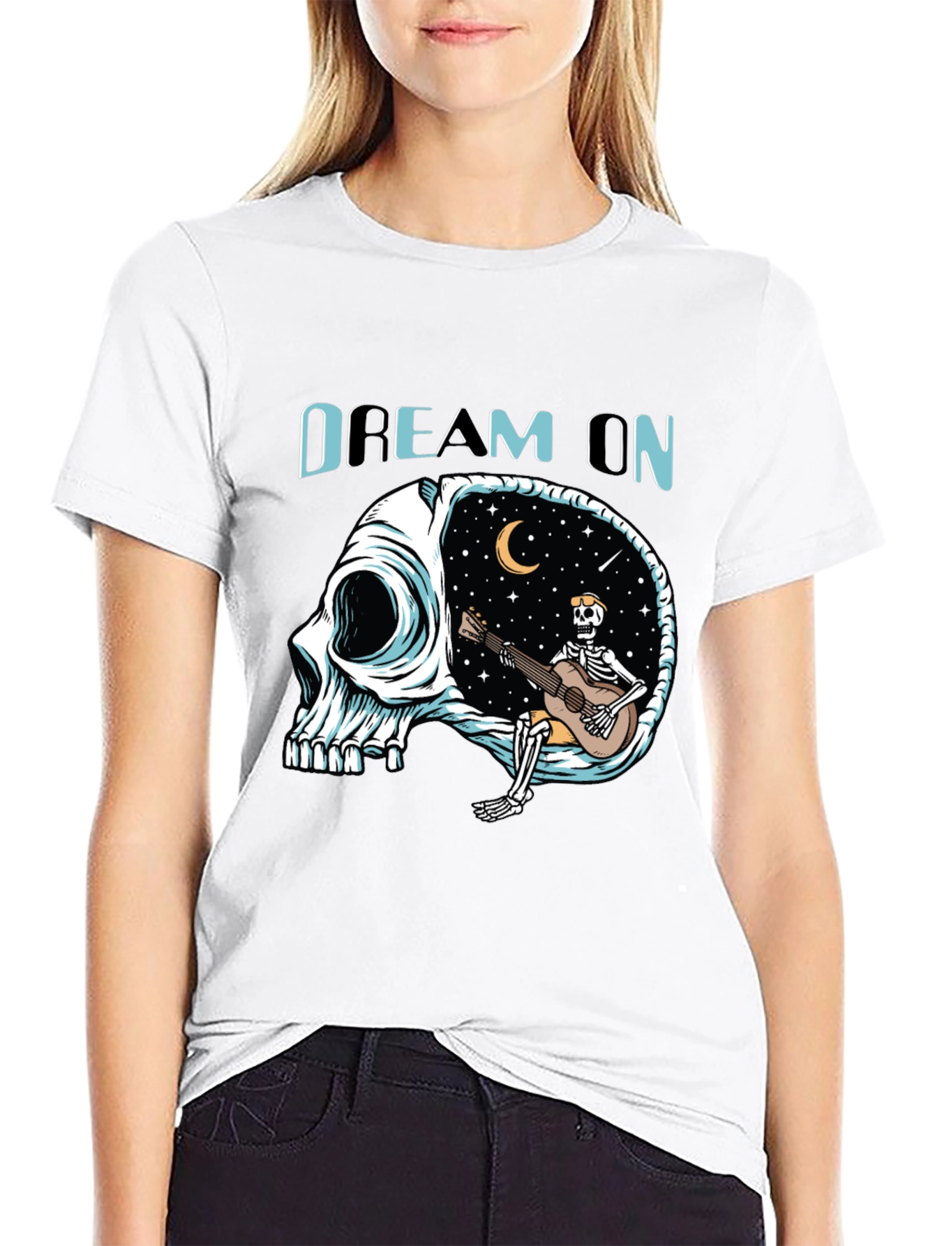 Black Dream On Skull Graphic Tee - Unique Black T-Shirt view 9