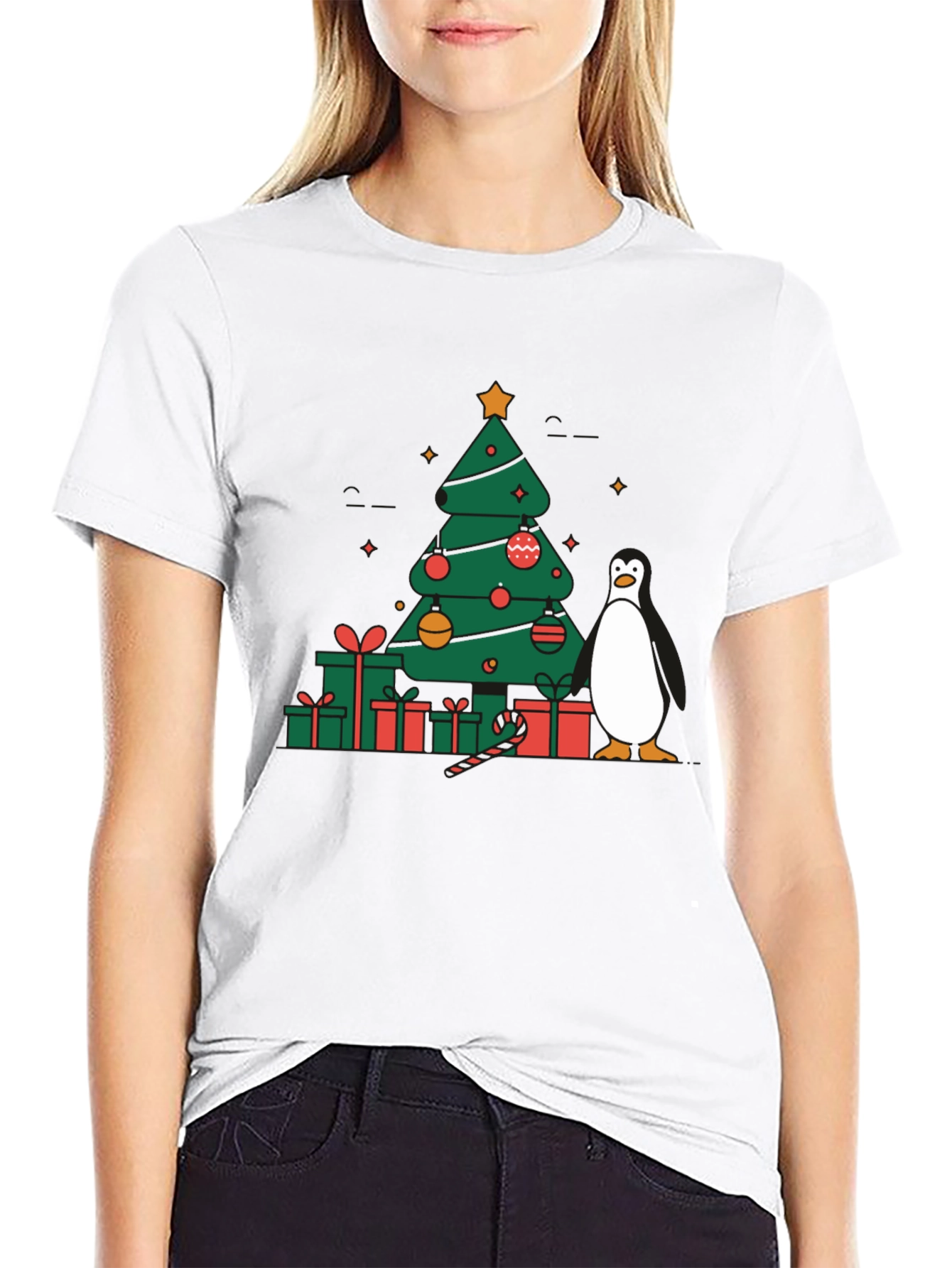Black Festive Christmas Tree & Penguin Graphic Tee view 9