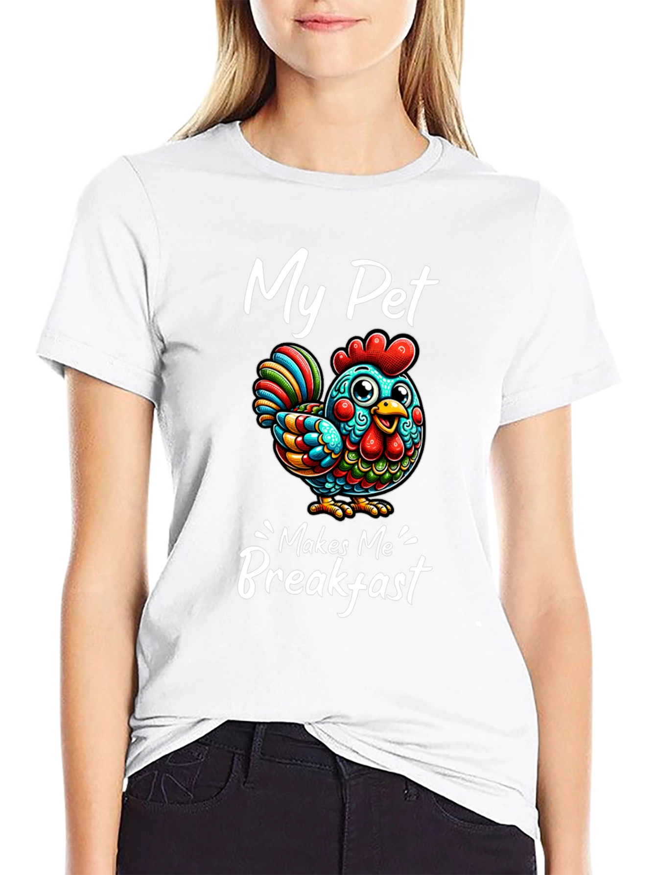 Black Funny Chicken T-Shirt - "My Pet Makes Me Breakfast" view 9