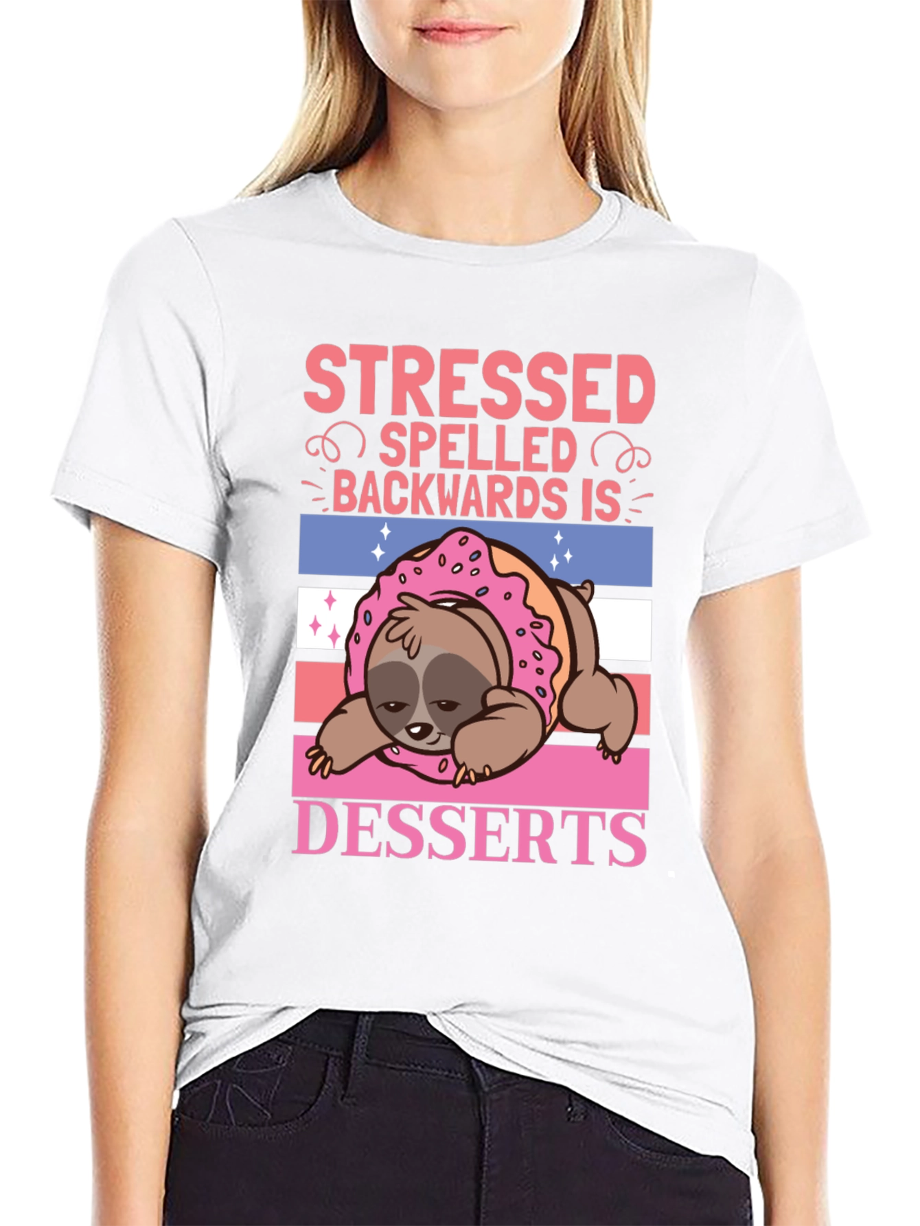 Black Stressed Backwards Desserts Sloth T-Shirt view 9