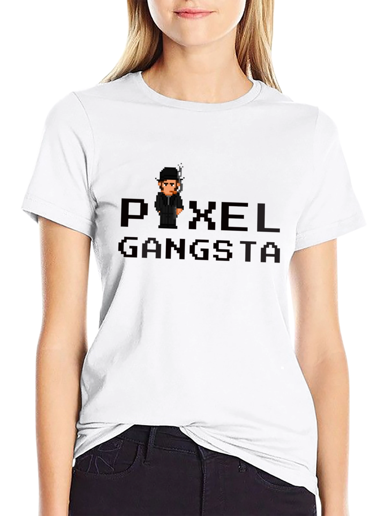 Black Pixel Gangsta Graphic T-Shirt - Black Tee view 9
