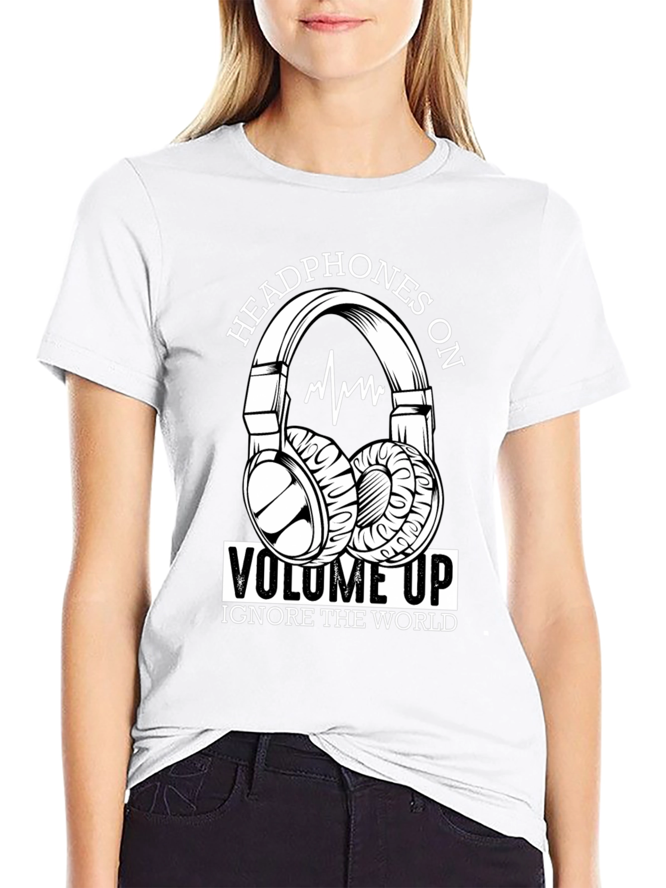 Black Headphones On Volume Up Black T-Shirt view 9