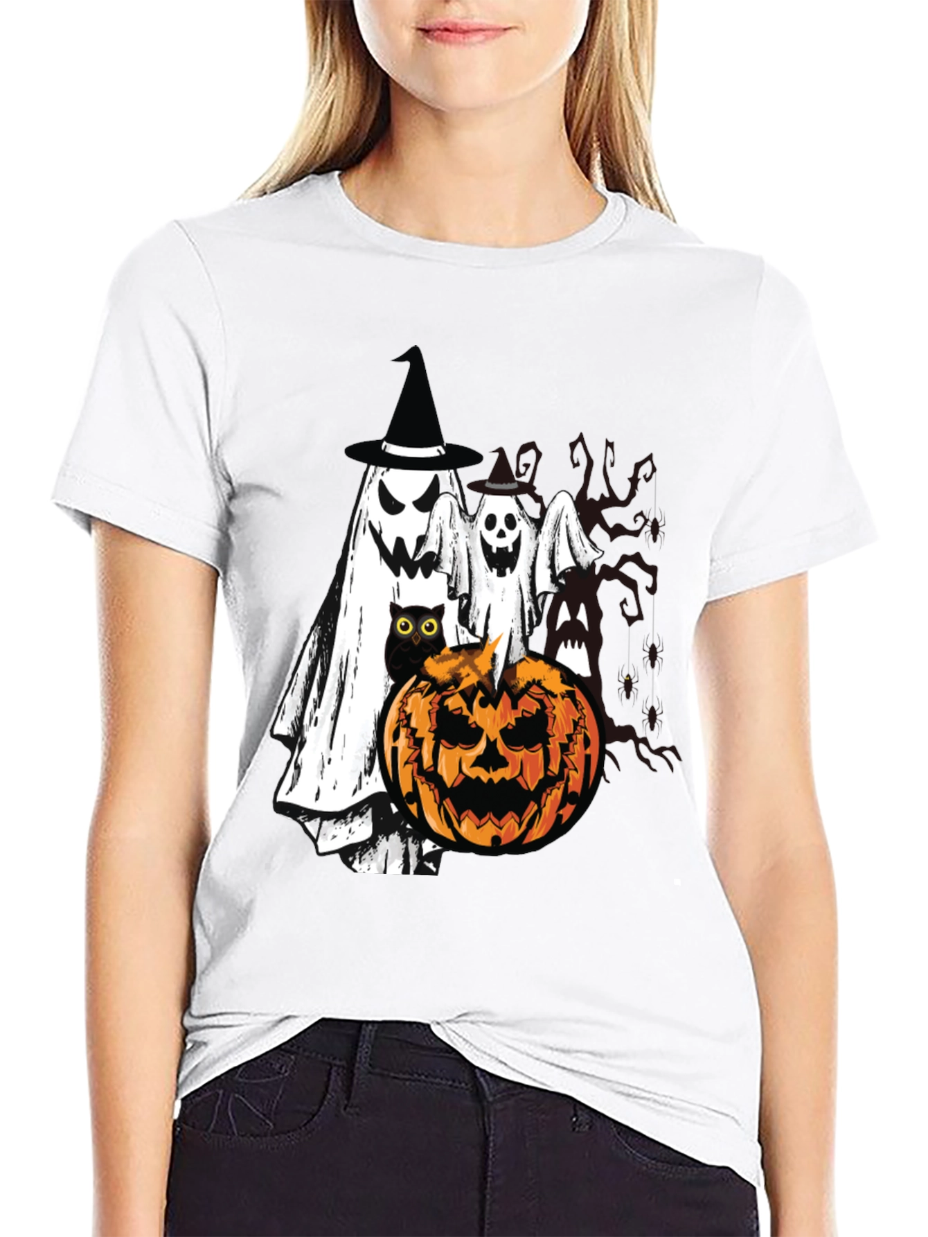 Black Halloween Ghost & Pumpkin T-Shirt view 9