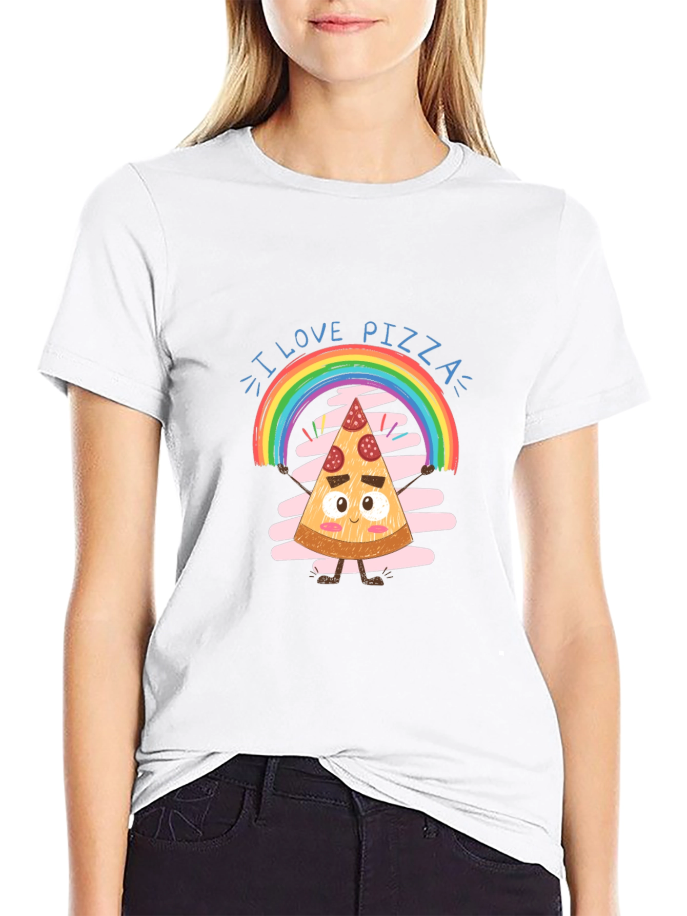 Black I Love Pizza Graphic Tee Rainbow Slice Black Cotton view 9