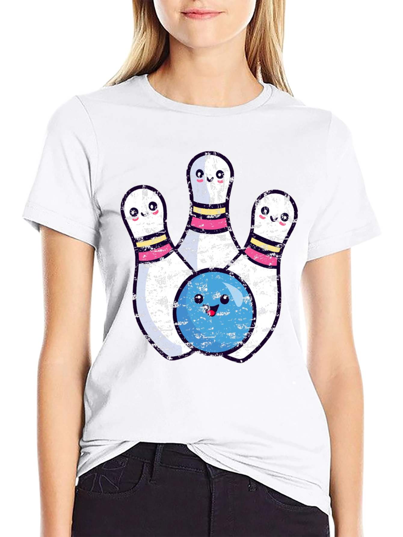 Black Cute Bowling Pins & Ball Graphic T-Shirt view 9