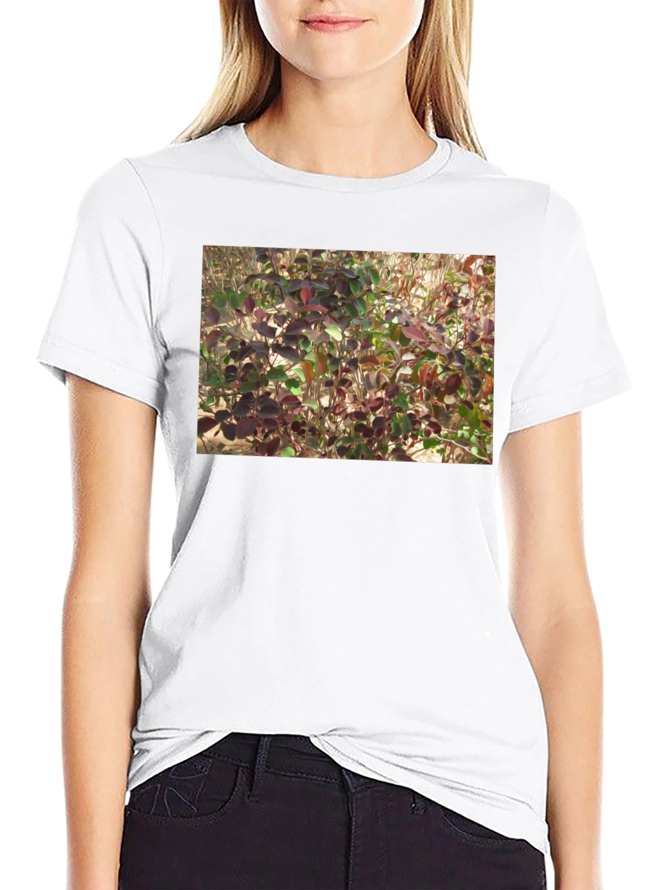 Black Nature Leaves Print Black T-Shirt view 9